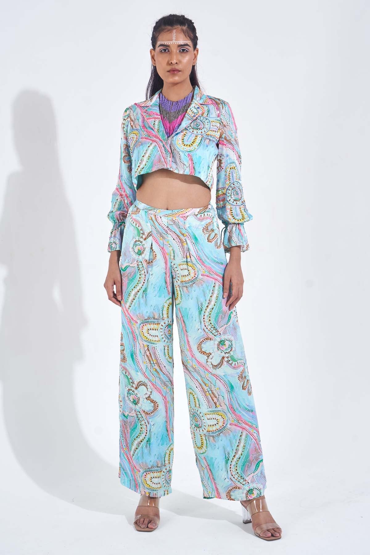 Buy Blue Printed High Waist Pants Online