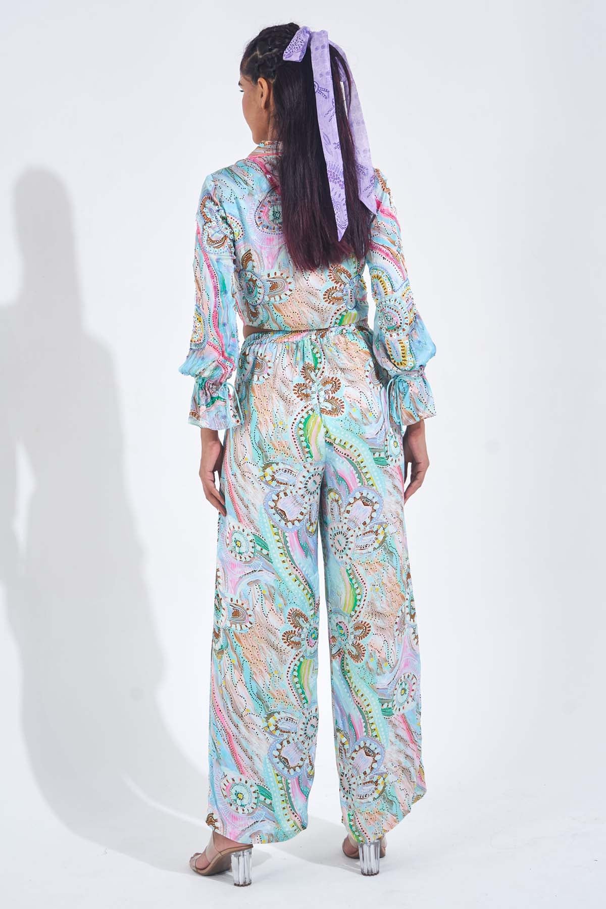 Blue Printed High Waist Pants