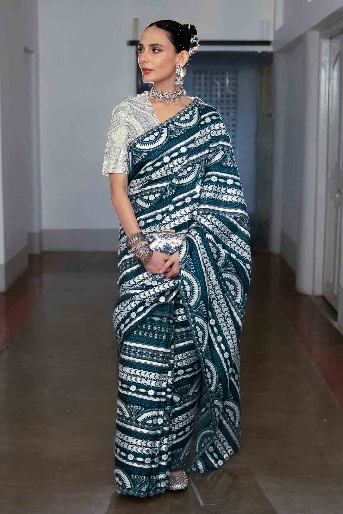 Blue Printed Embroidered Saree