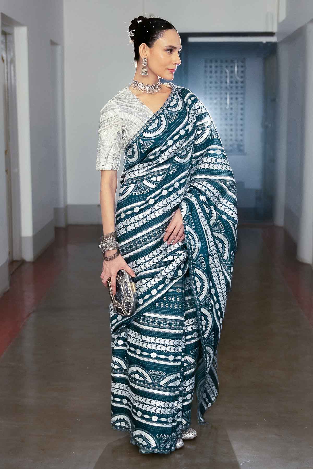 Buy Blue Printed Embroidered Saree by Saksham Neharicka for women online at ScrollnShops