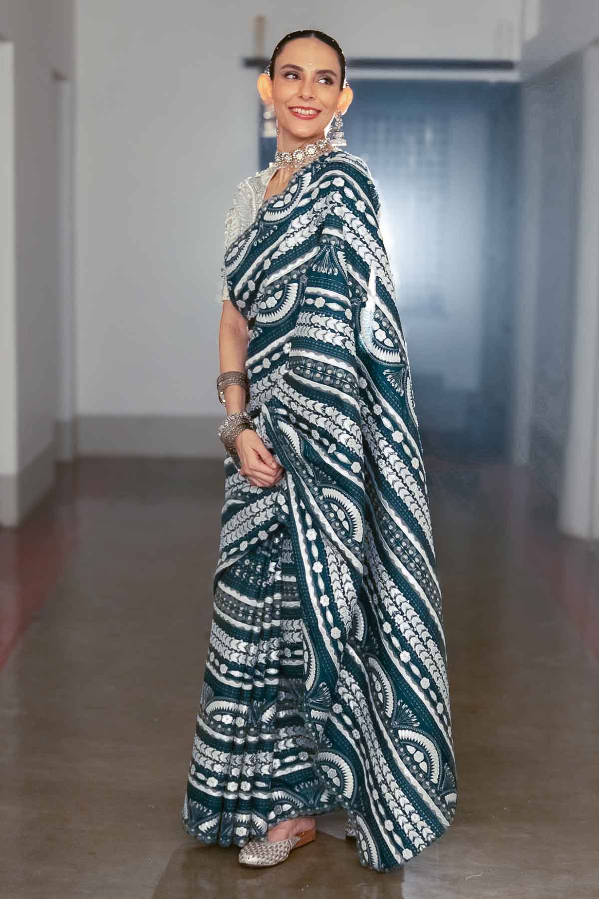 Blue Printed Embroidered Saree