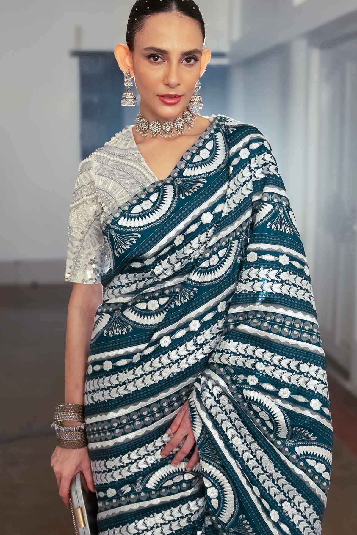 Blue Printed Embroidered Saree
