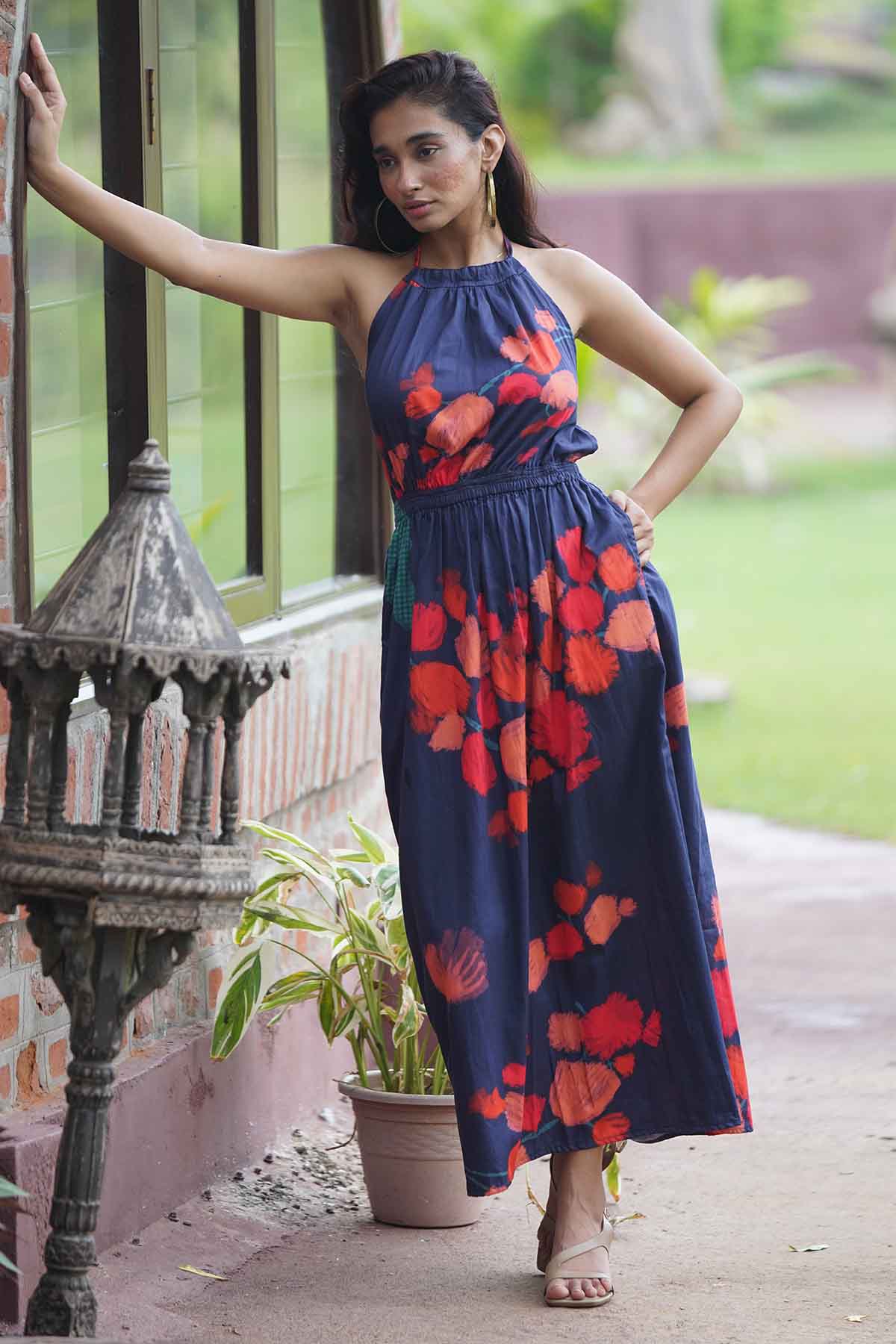 Buy Blue Printed Halter Neck Dress by RadhaRaman for women online at ScrollnShops