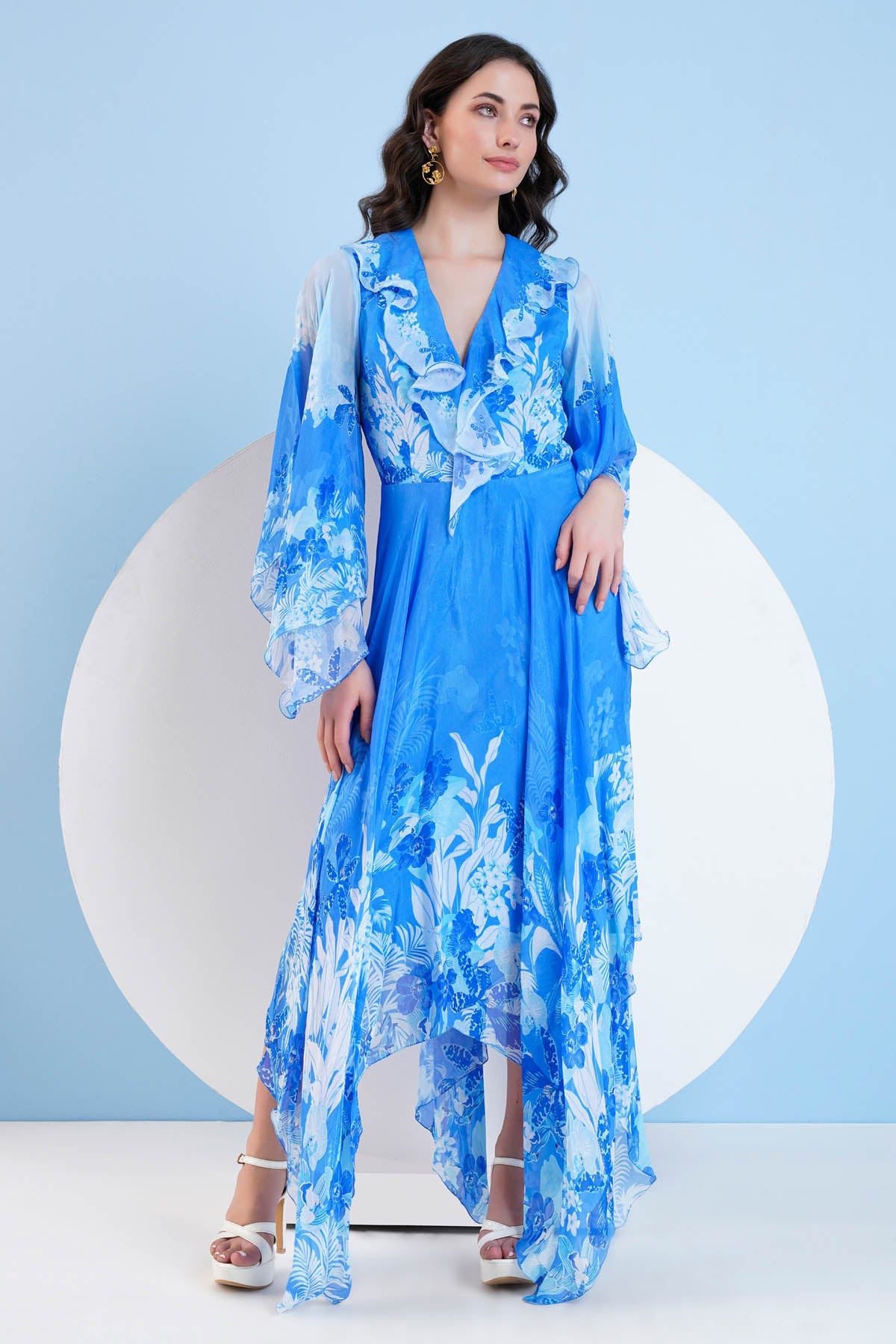 Buy Blue Printed High Low Dress by Mandira Wirk