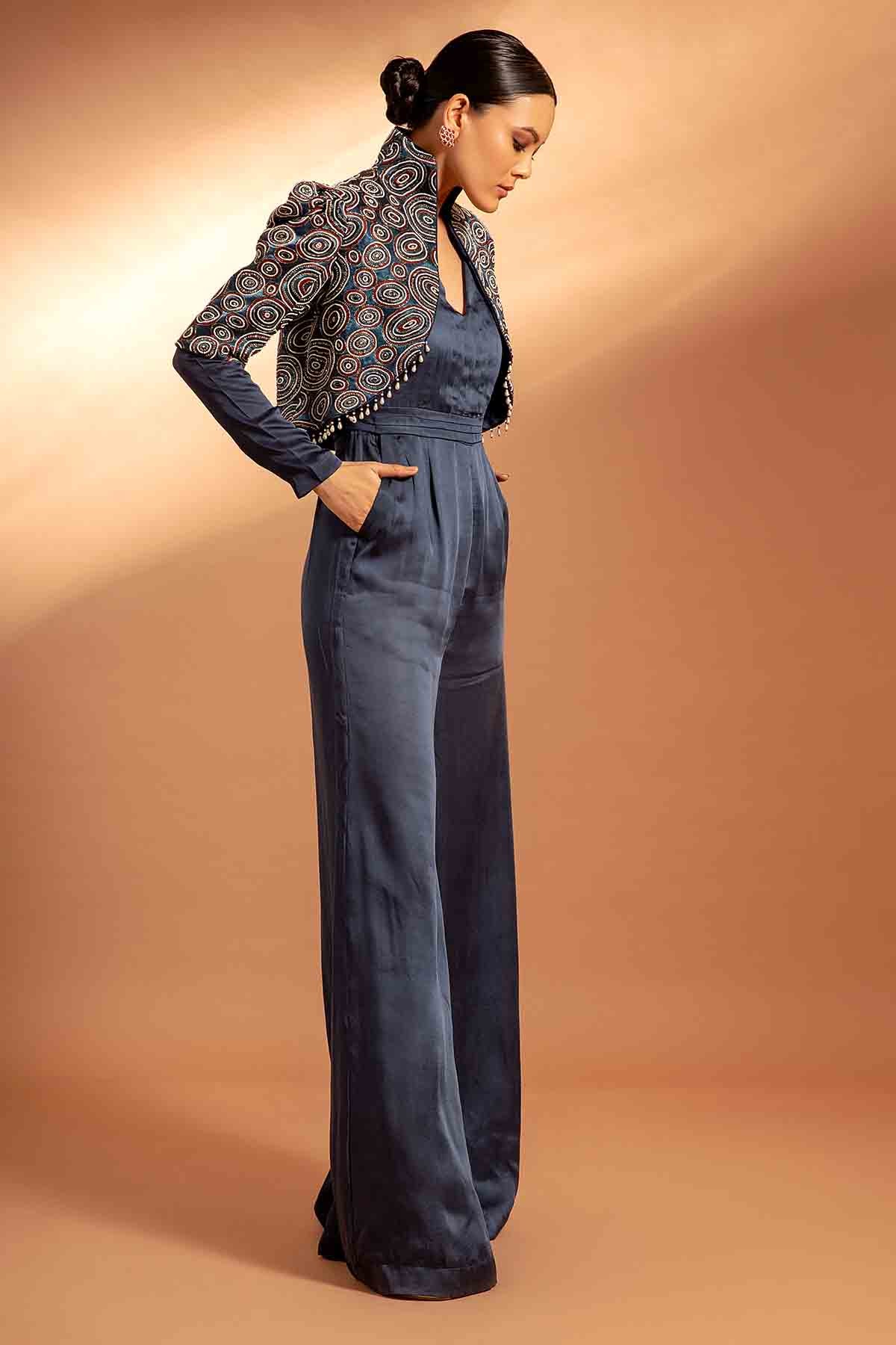 Blue Printed Jumpsuit & Jacket