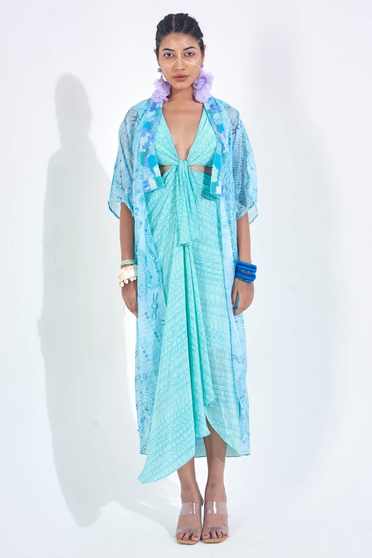 Blue Printed Knot Draped Dress
