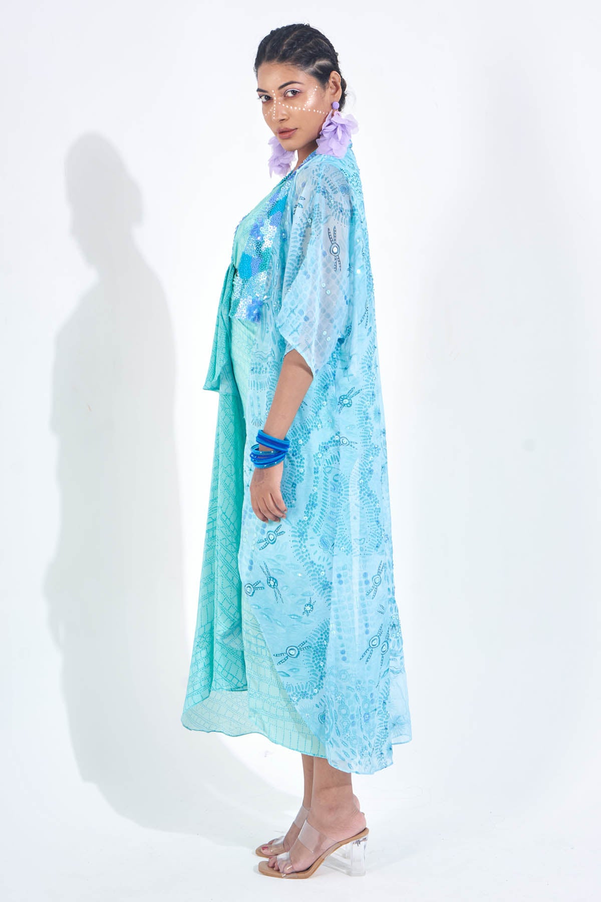 Blue Printed Knot Draped Dress