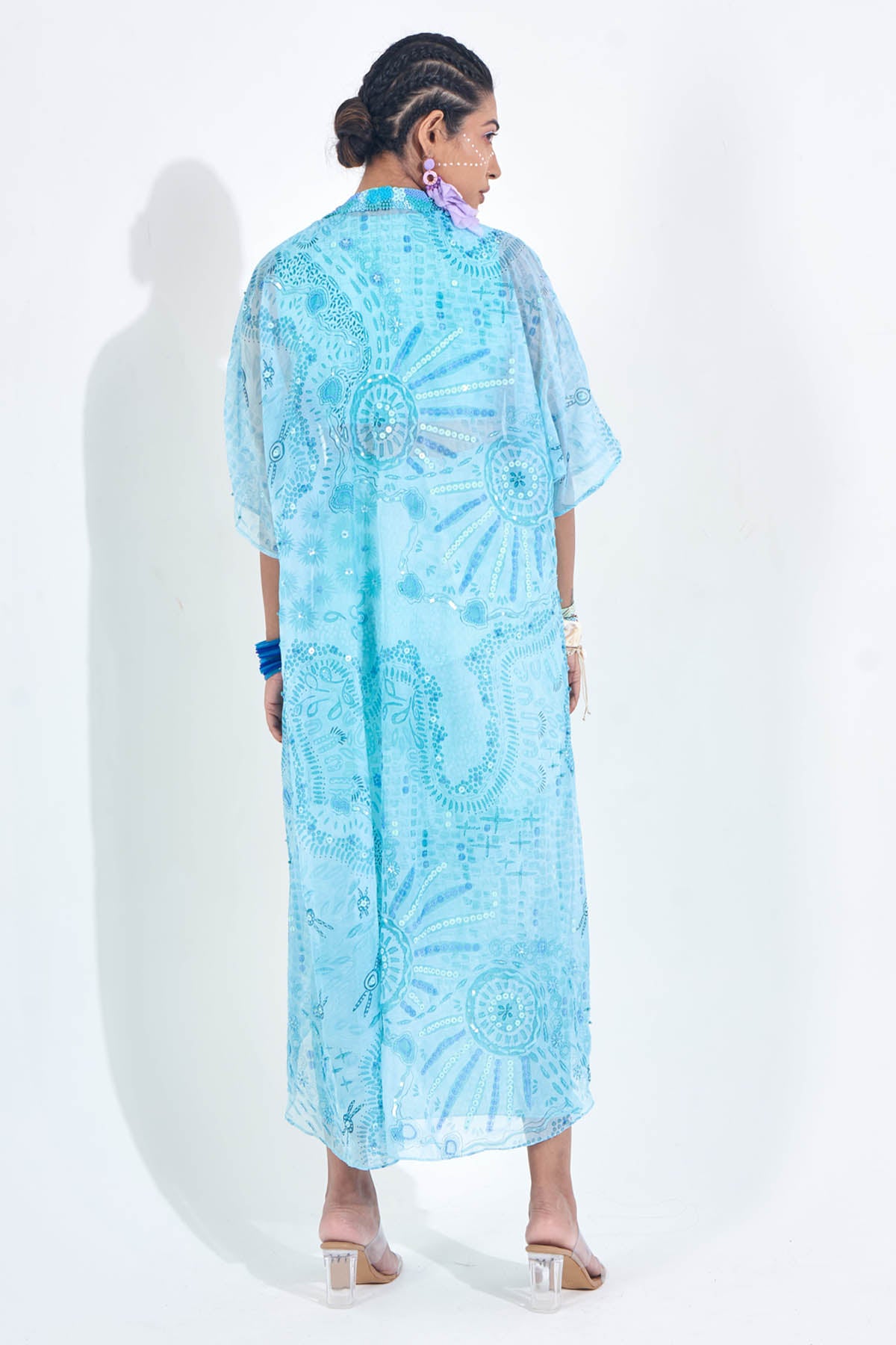 Blue Printed Knot Draped Dress