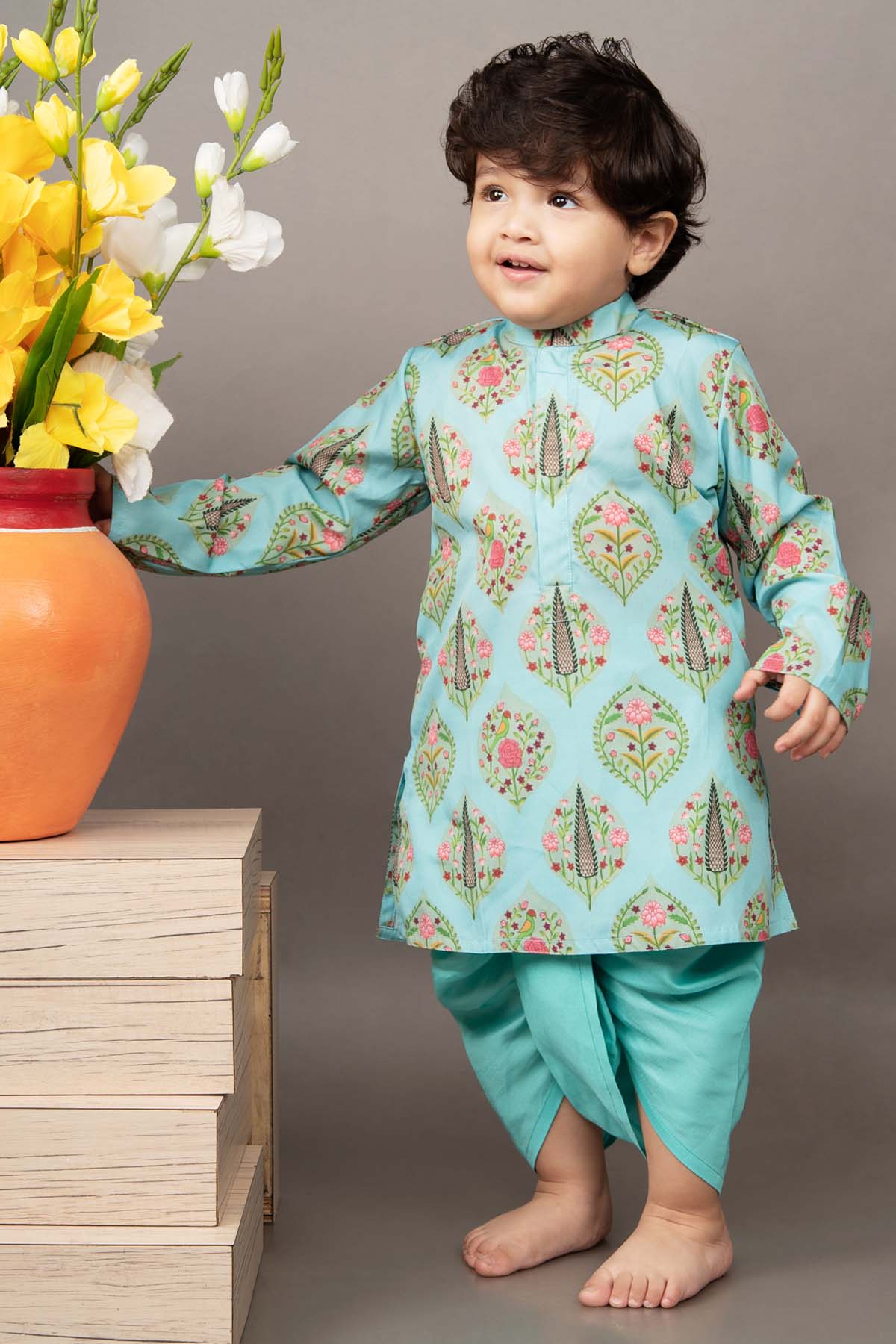 Little Brats Dhoti Delight: Aqua Printed Kurta Set kidswear at scrollnshops
