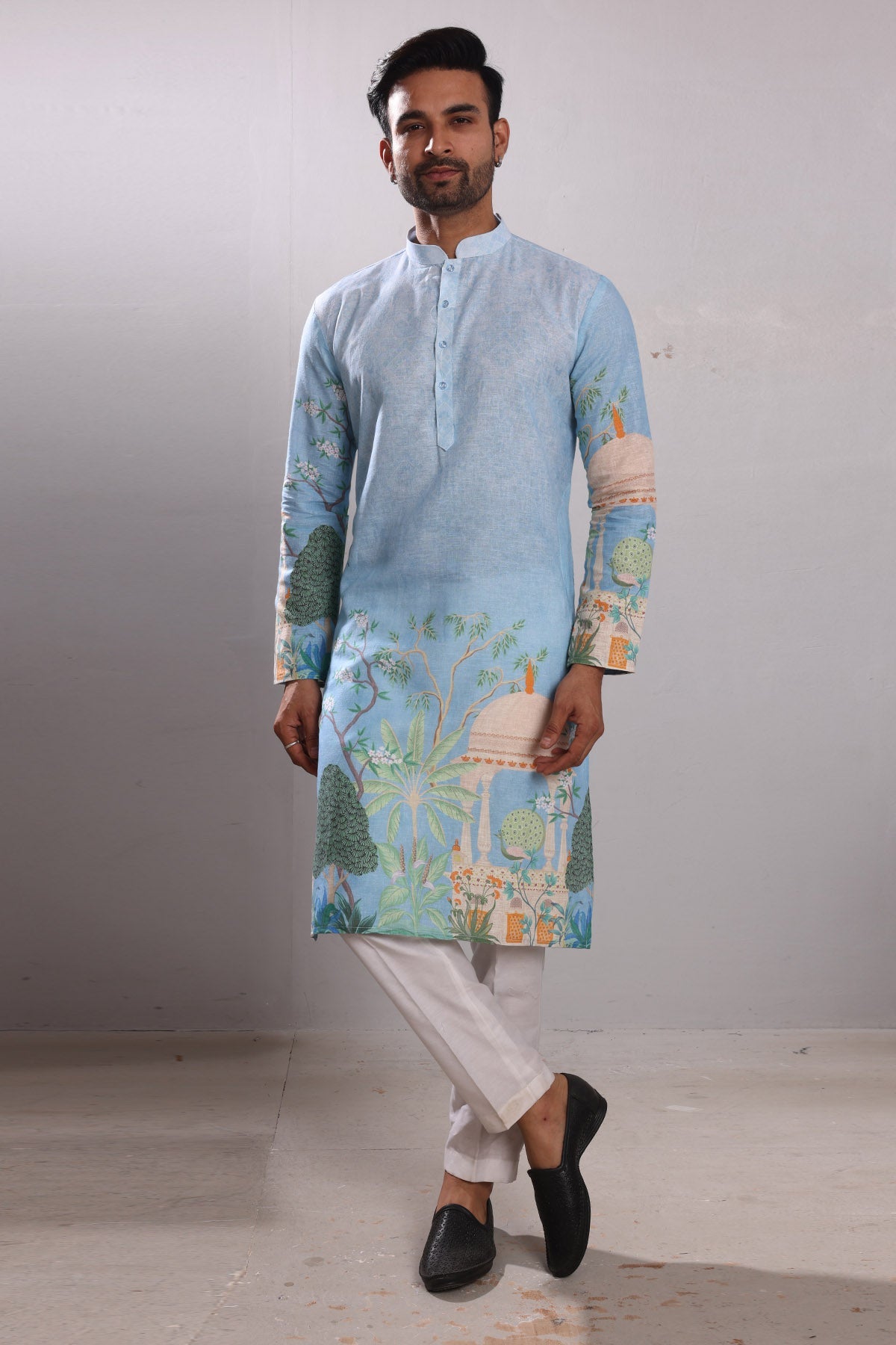 Buy Blue Printed Linen Blend Kurta by SNEHA B for men online at ScrollnShops