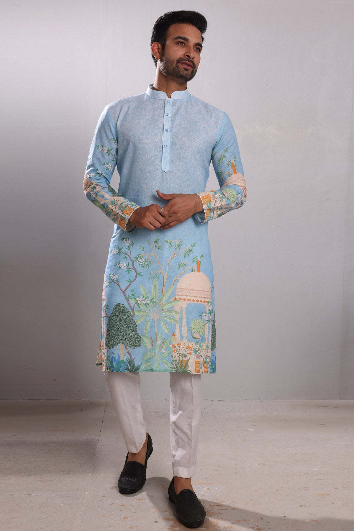 Blue Printed Linen Blend Kurta