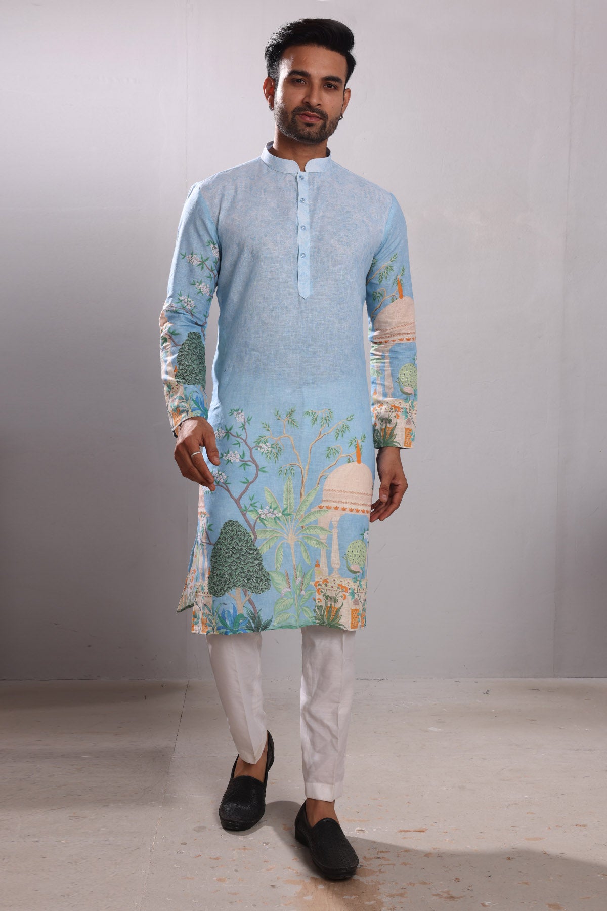 Blue Printed Linen Blend Kurta