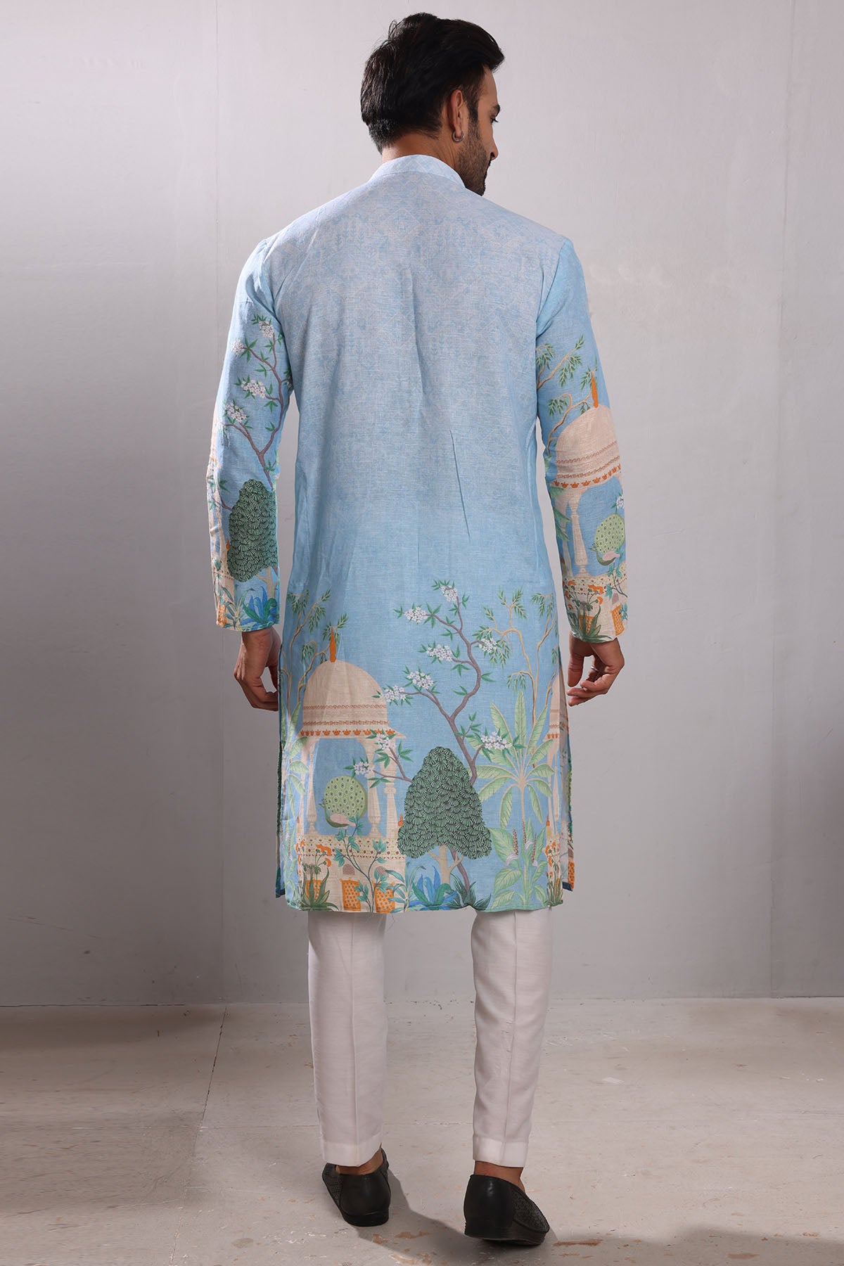 Blue Printed Linen Blend Kurta