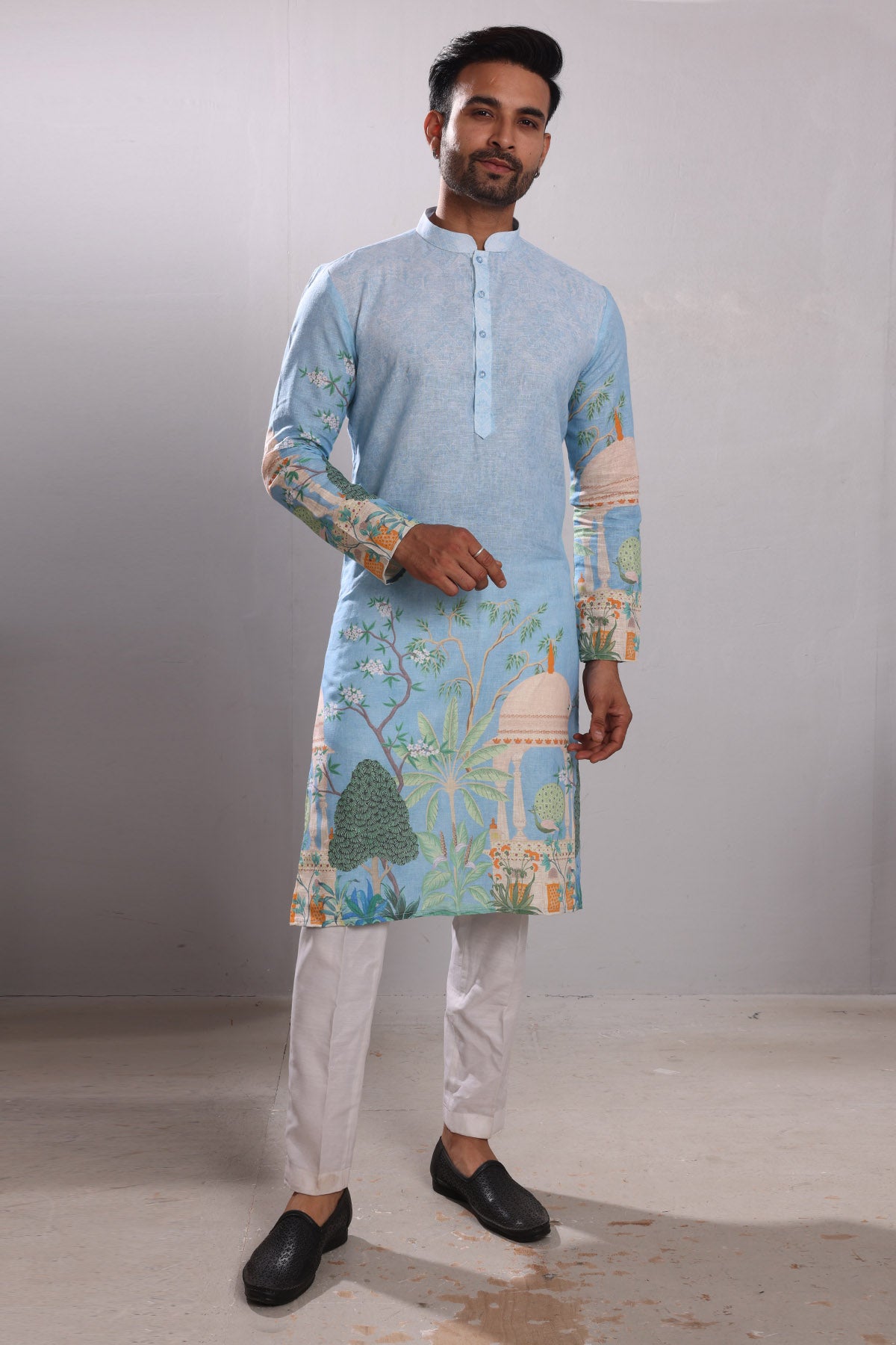 Blue Printed Linen Blend Kurta