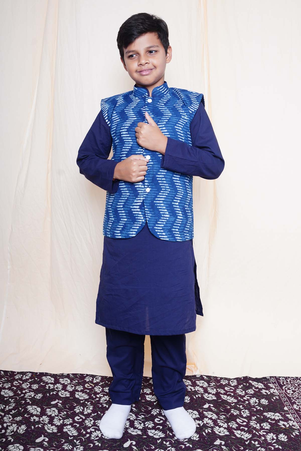 Blue Printed Nehru Jacket Set