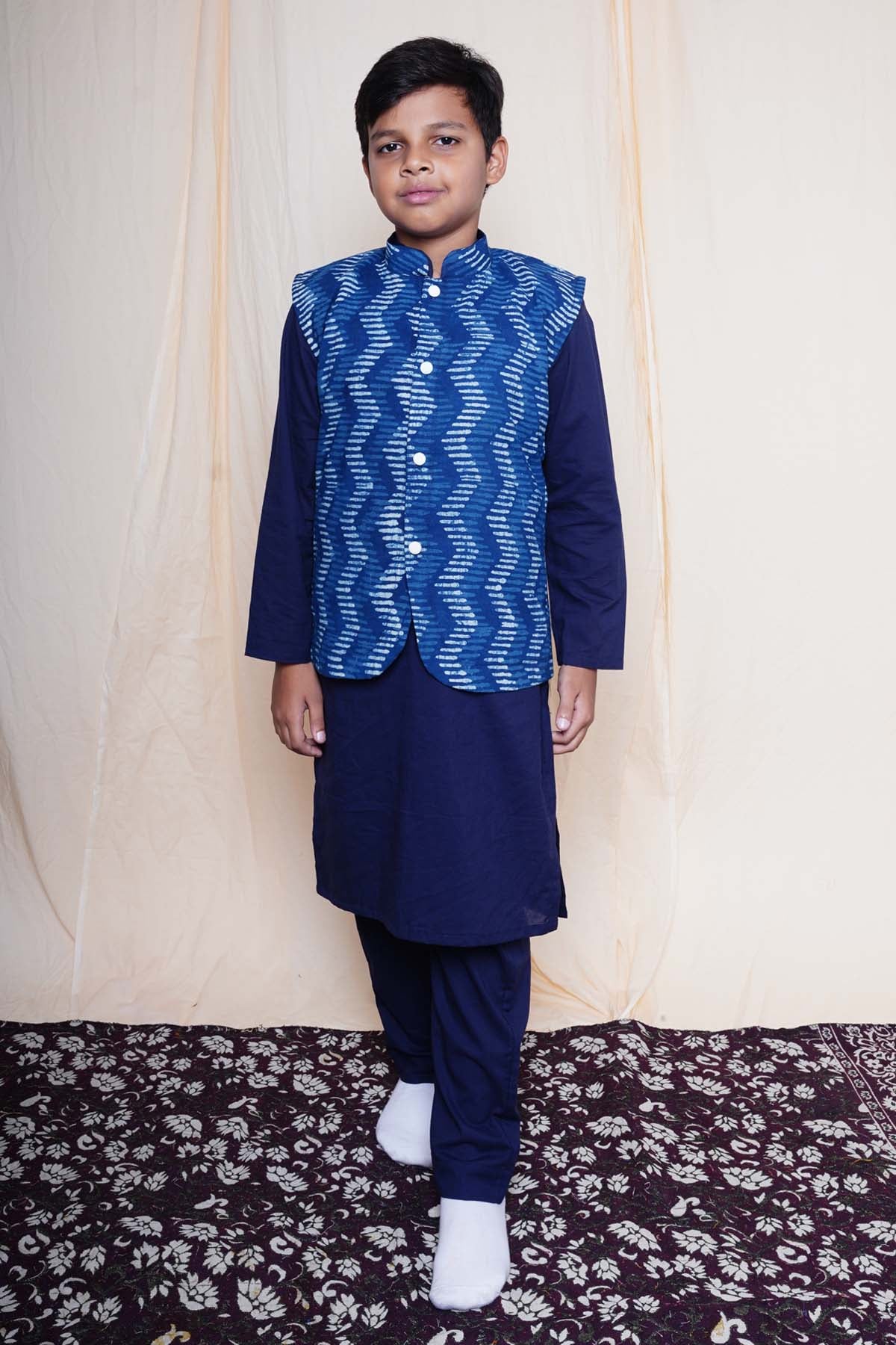 Charu Bhaskar - Kids Blue Printed Nehru Jacket Set for boy online at ScrollnShops