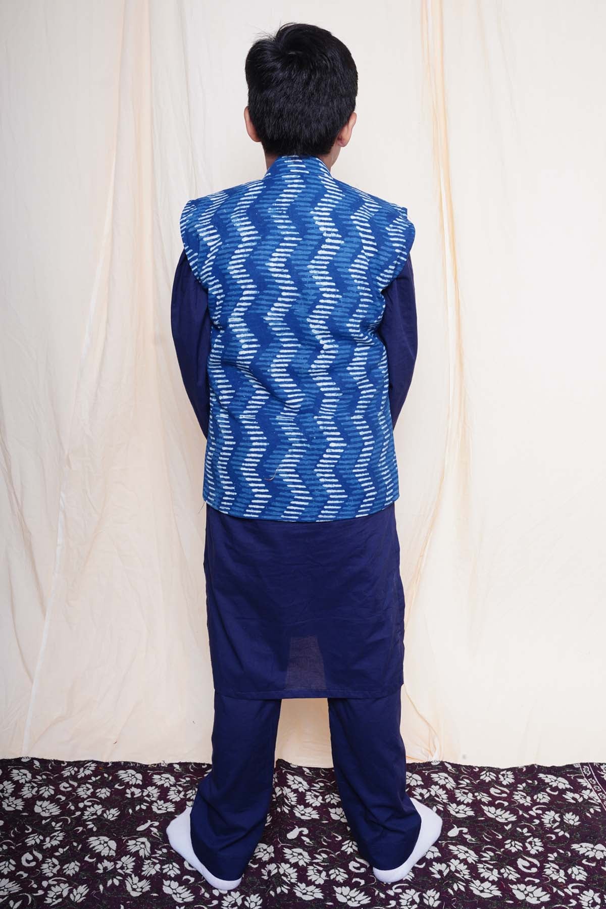 Blue Printed Nehru Jacket Set