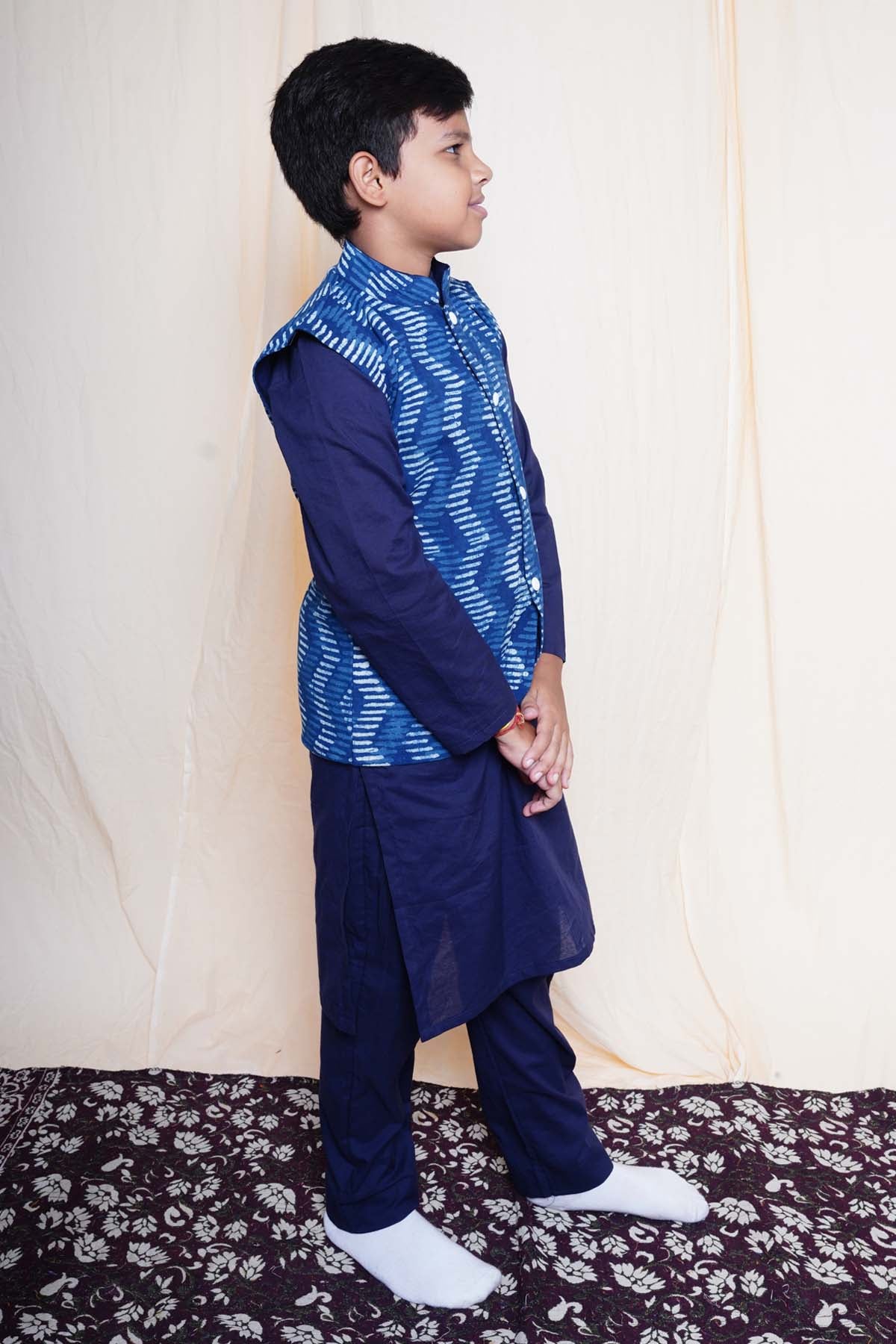 Blue Printed Nehru Jacket Set