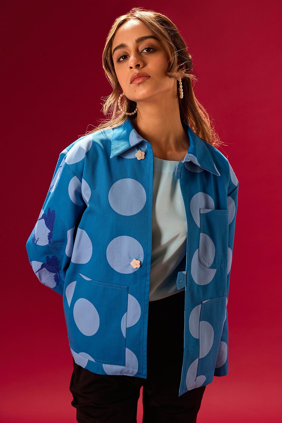 Buy Blue Printed Palka Dot Jacket for Women by 97 Motifs Designer online available at scrollnshops