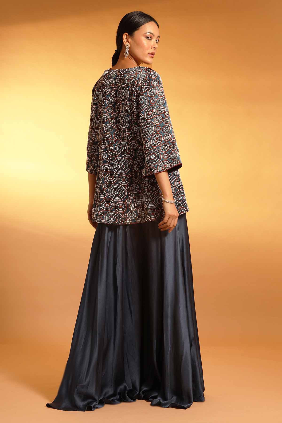 Blue Printed Peplum Jacket Set