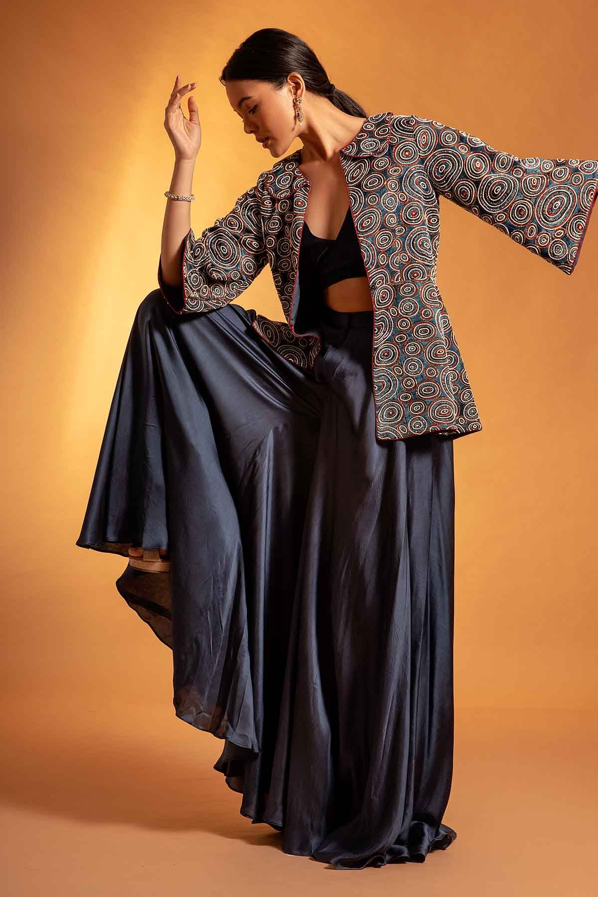 Blue Printed Peplum Jacket Set