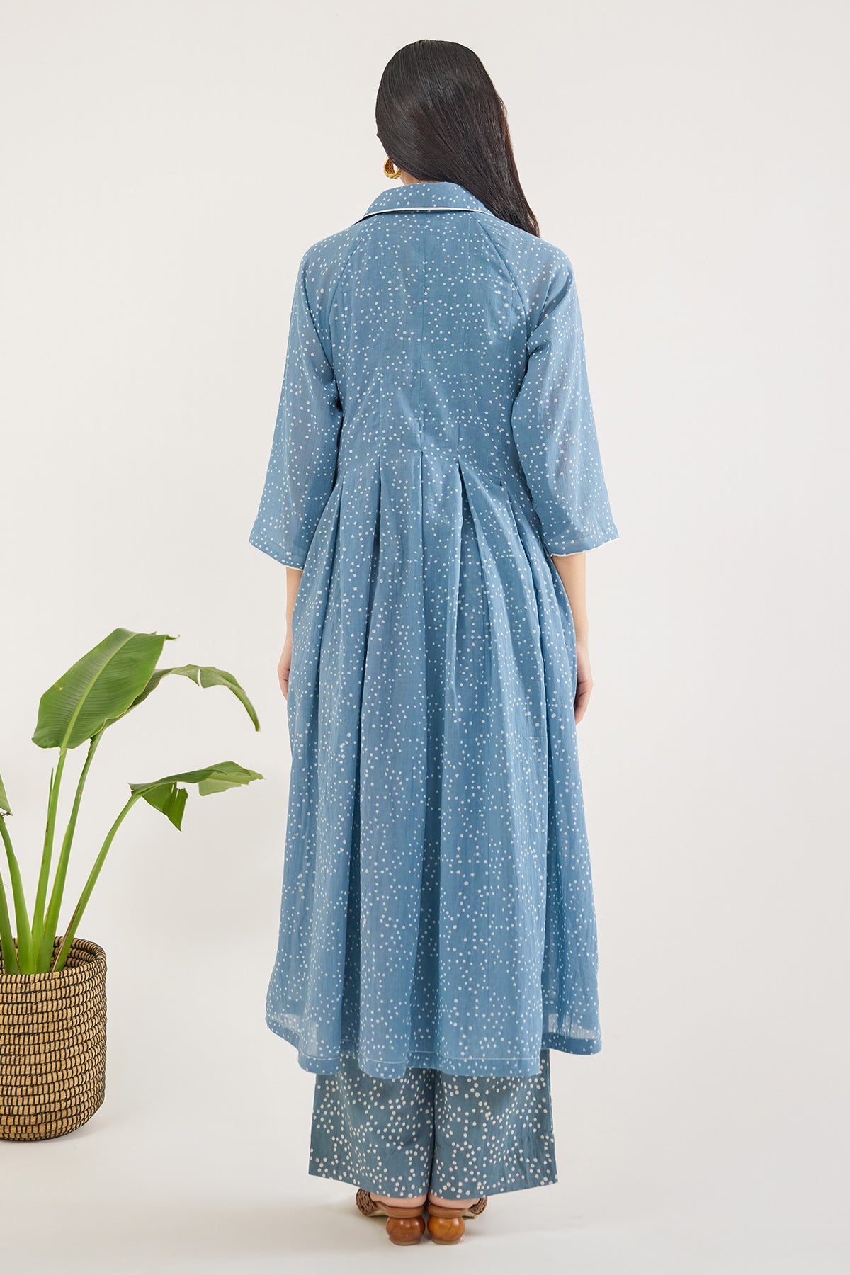 Blue Printed Pintuck Midi Dress