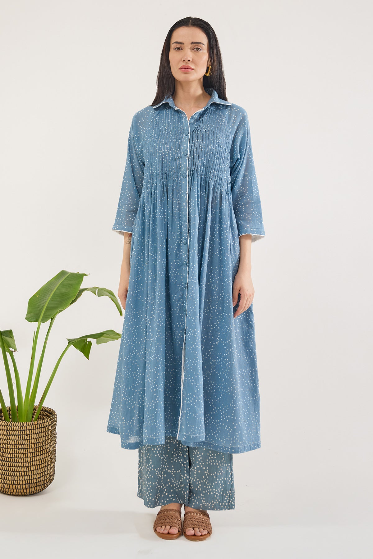 Blue Printed Pintuck Midi Dress