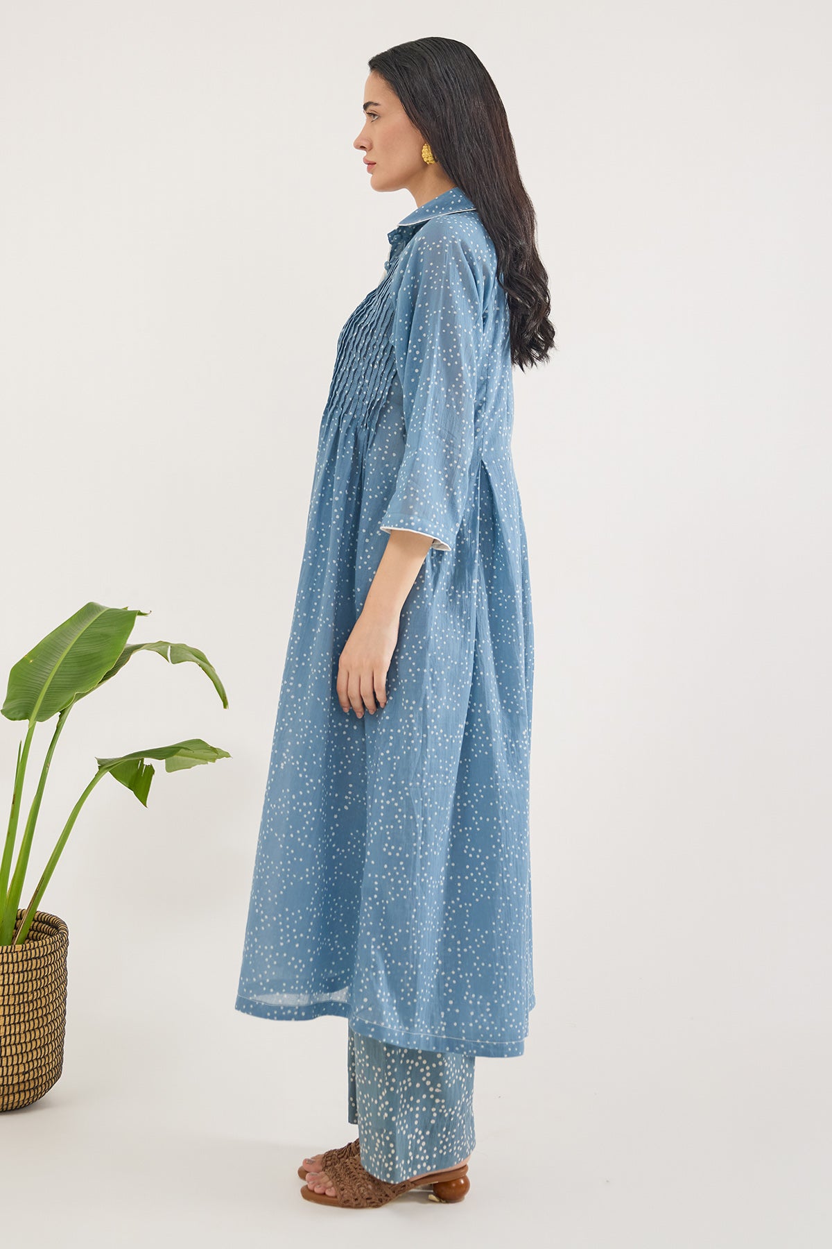 Blue Printed Pintuck Midi Dress