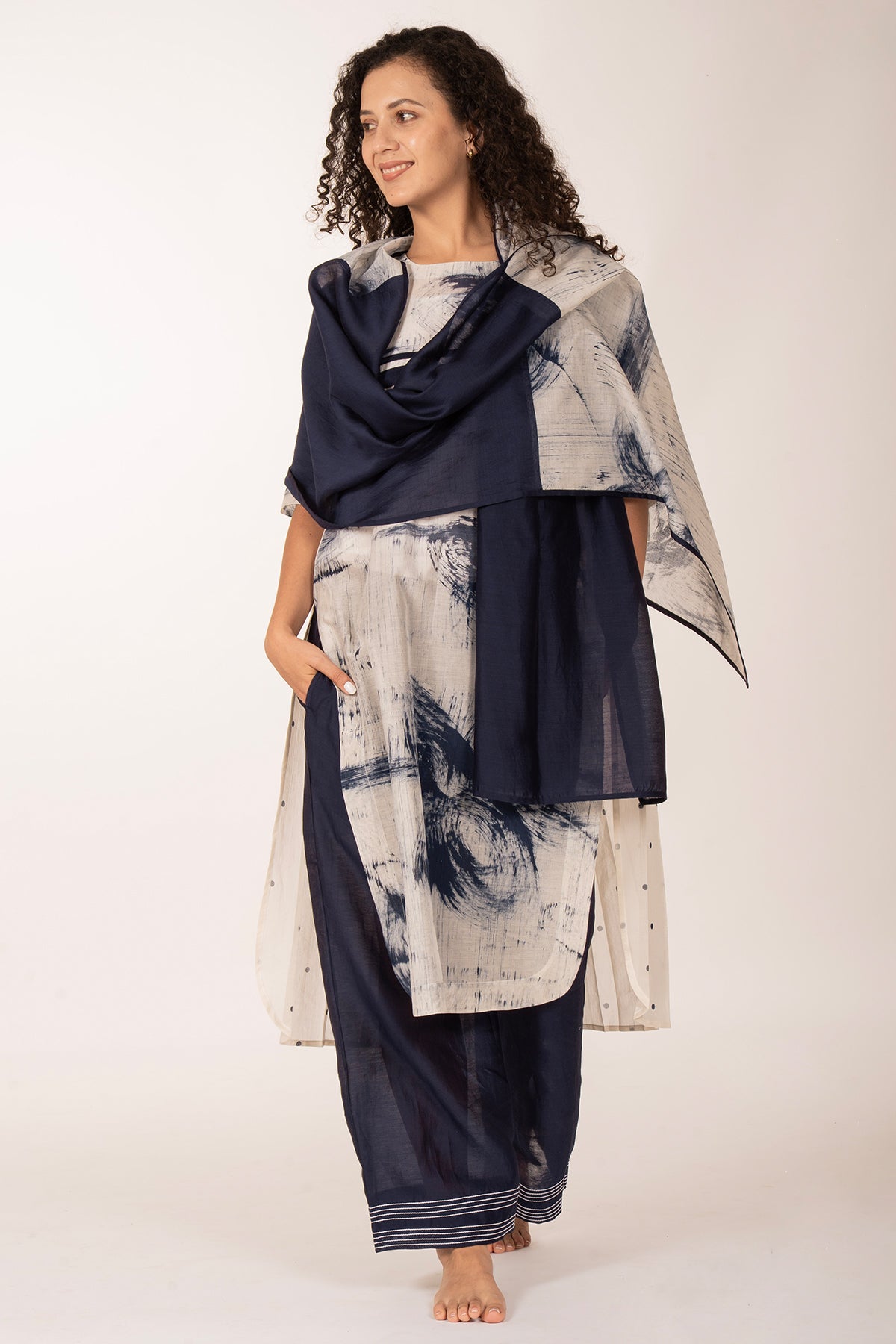 Blue Printed Pleated Kurta Set
