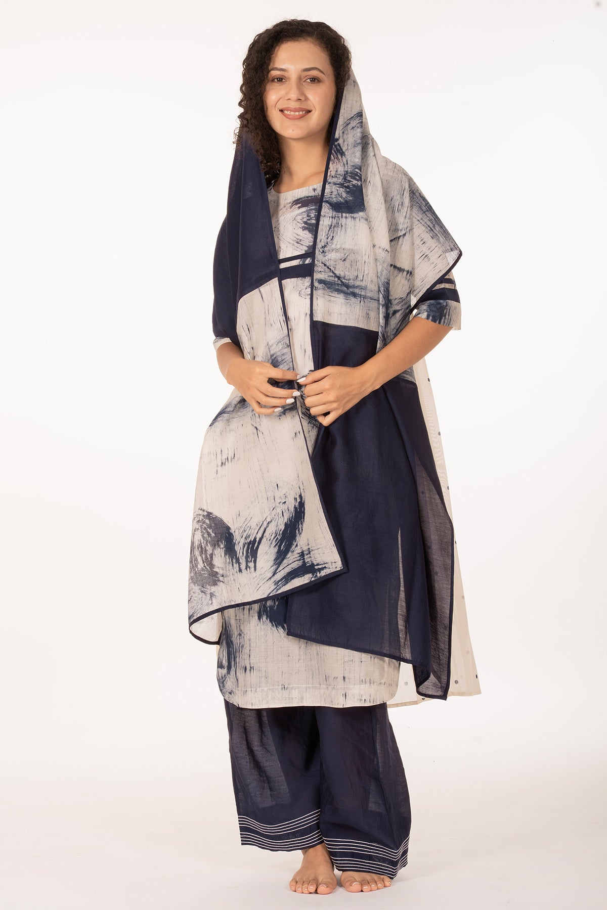 Blue Printed Pleated Kurta Set