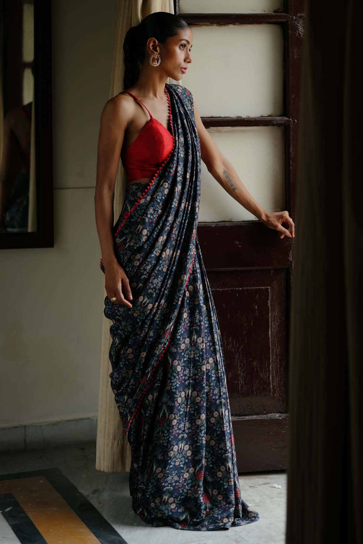Blue Printed Pre-Draped Saree