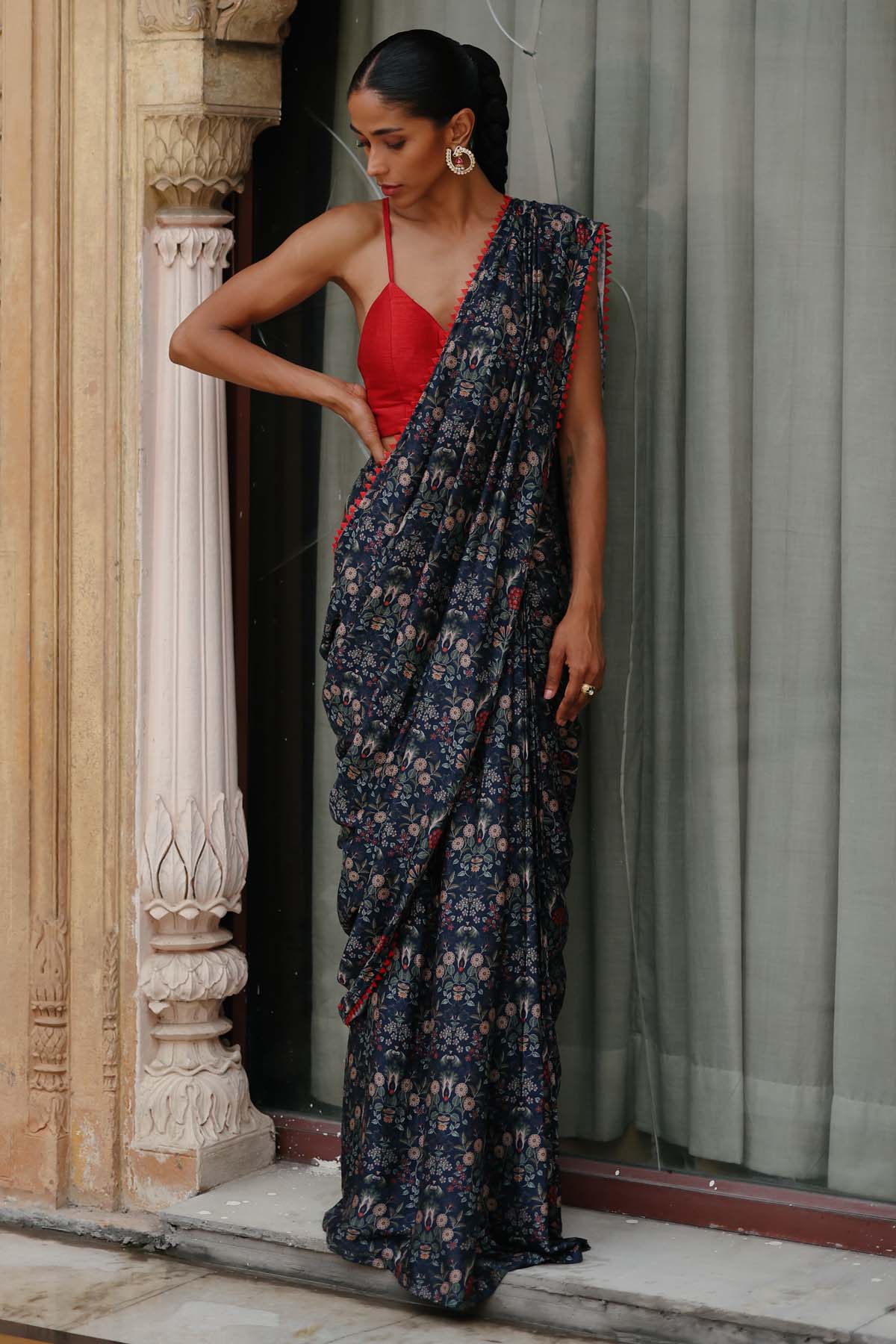 Megha Pitti Blue Printed Pre-Draped Saree for women online at ScrollnShops