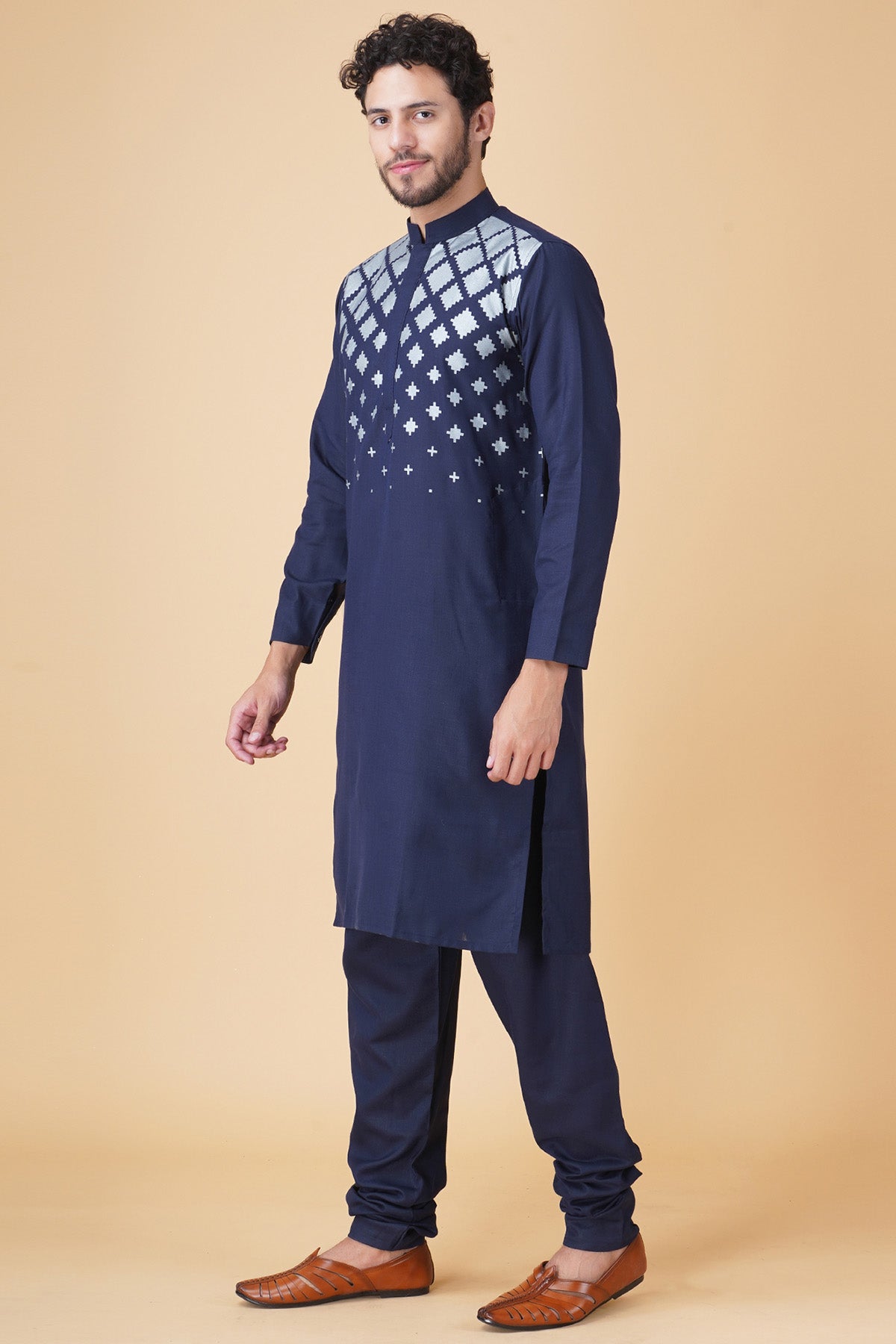 Blue Printed Ruby Silk Kurta Set