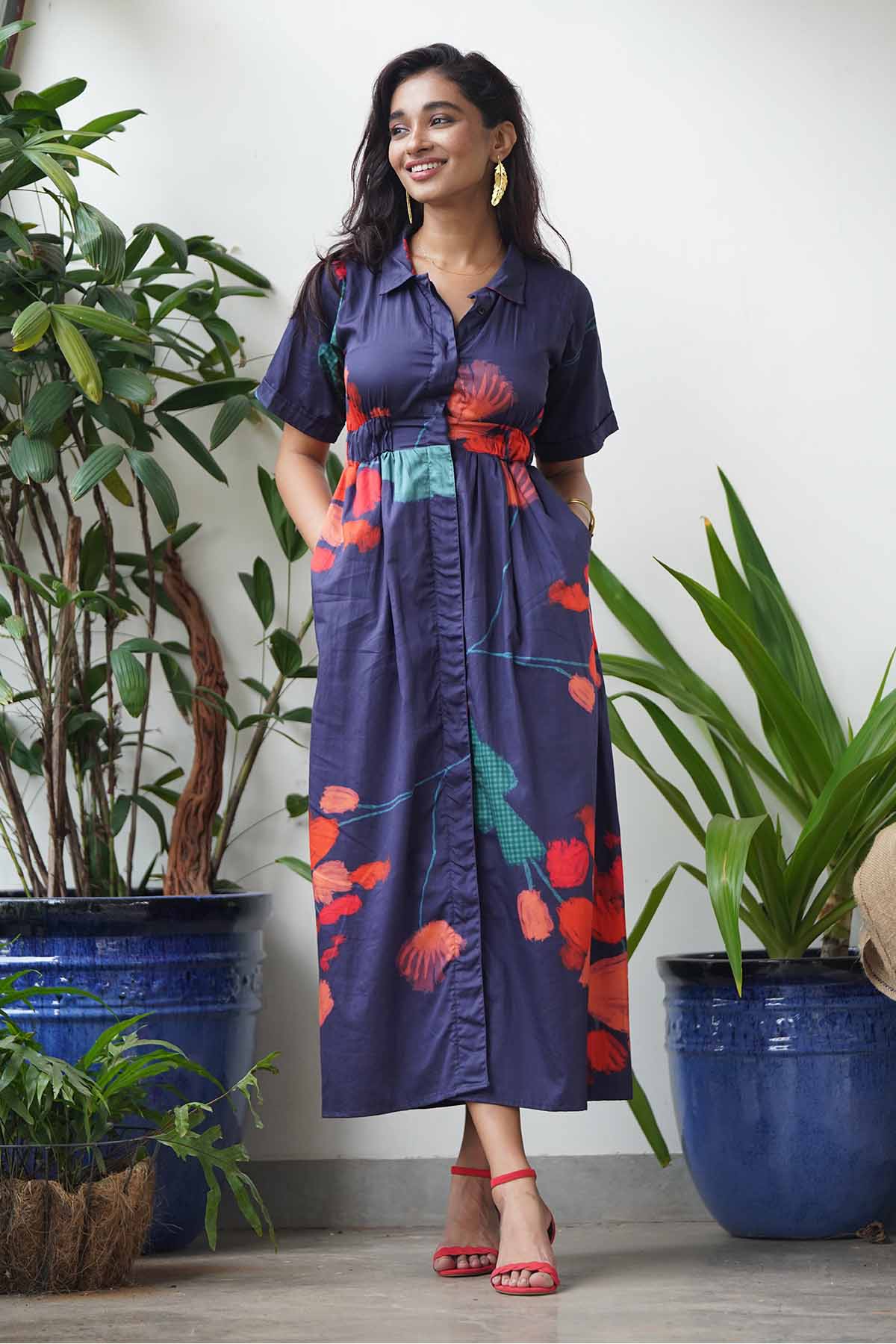 Buy Blue Printed Shirt Midi Dress by RadhaRaman for women online at ScrollnShops