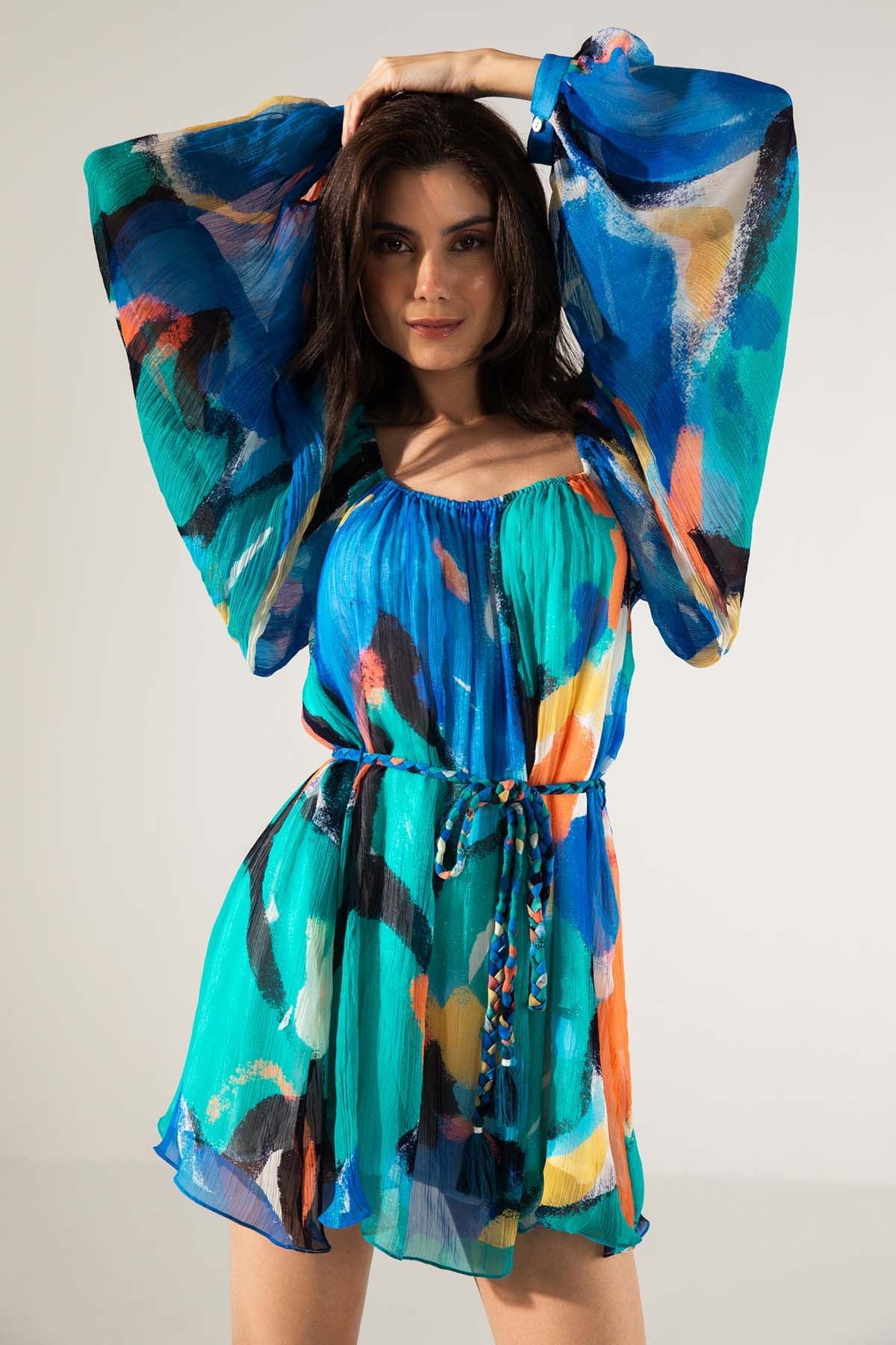 Reena Sharma Blue Printed Short Chiffon Dress For Women Online at ScrollnShops