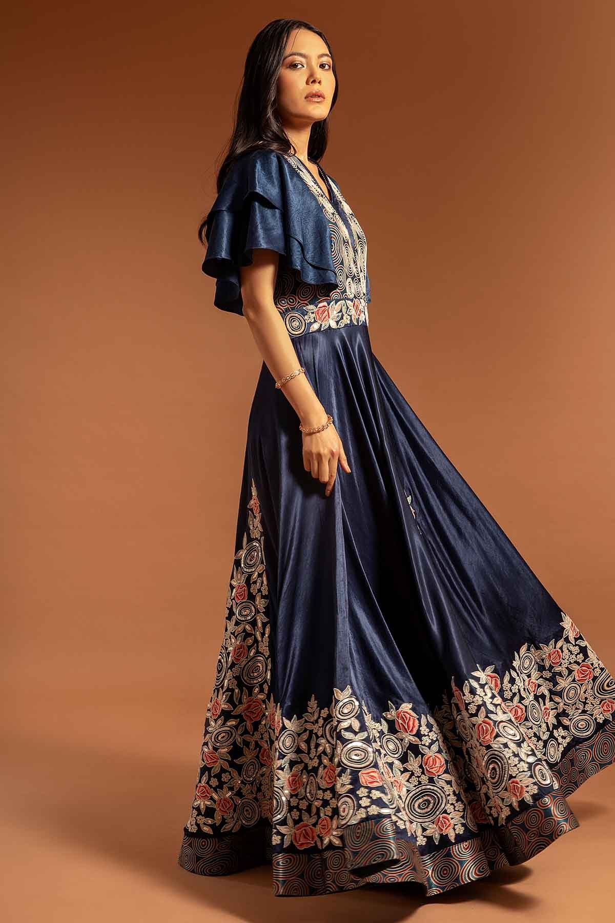 Blue Printed Thread Work Gown