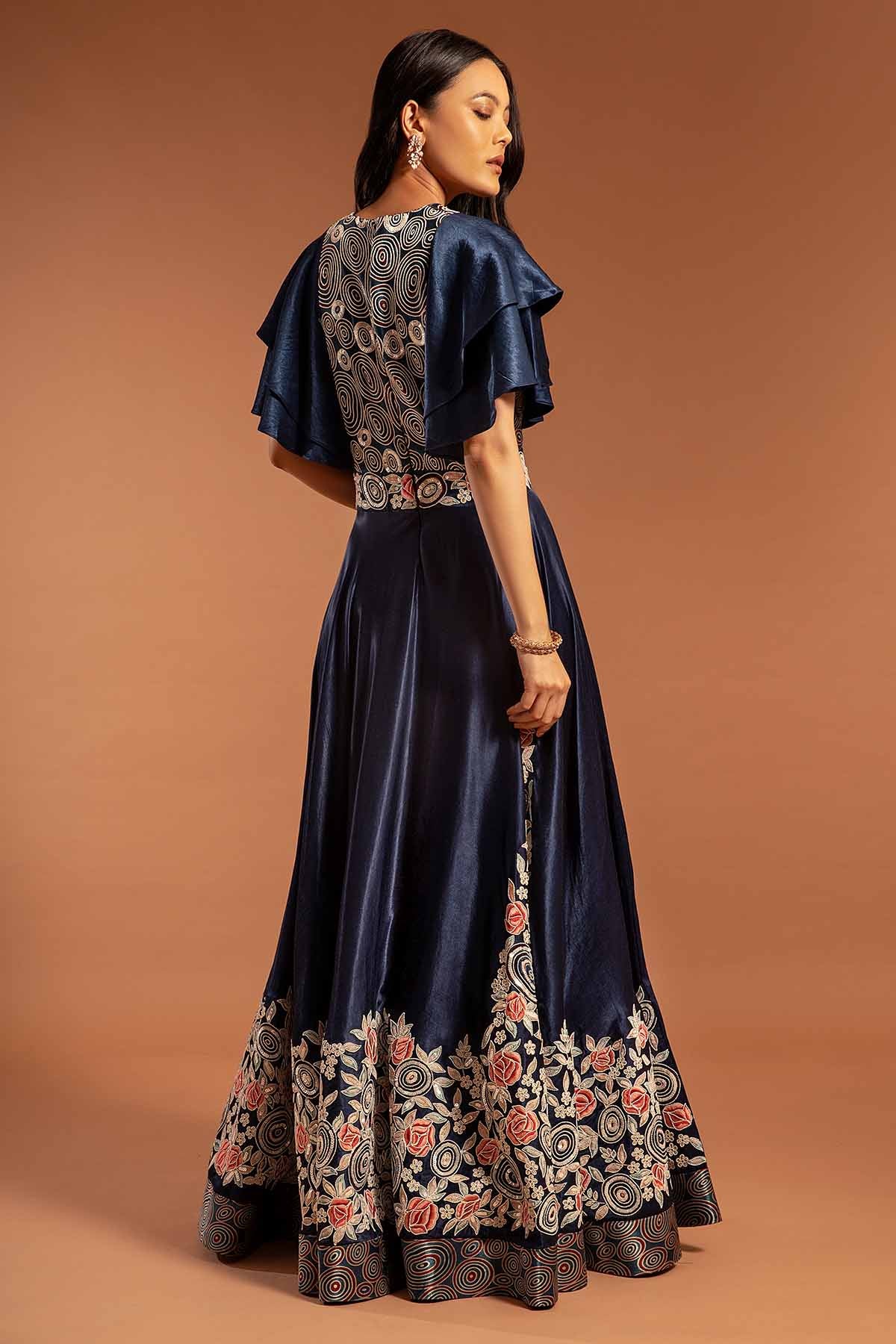 Blue Printed Thread Work Gown
