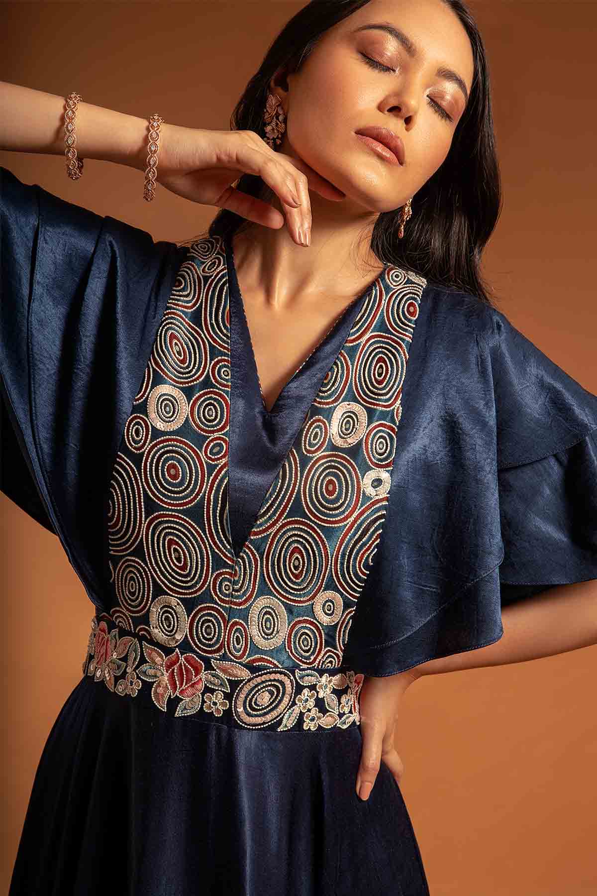 Blue Printed Thread Work Gown