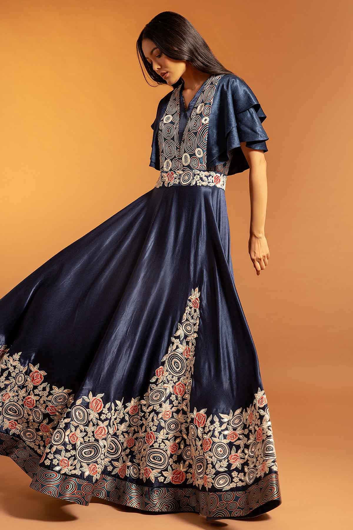 Buy Blue Printed Thread Work Gown by Sejal Kamdar at ScrollnShops