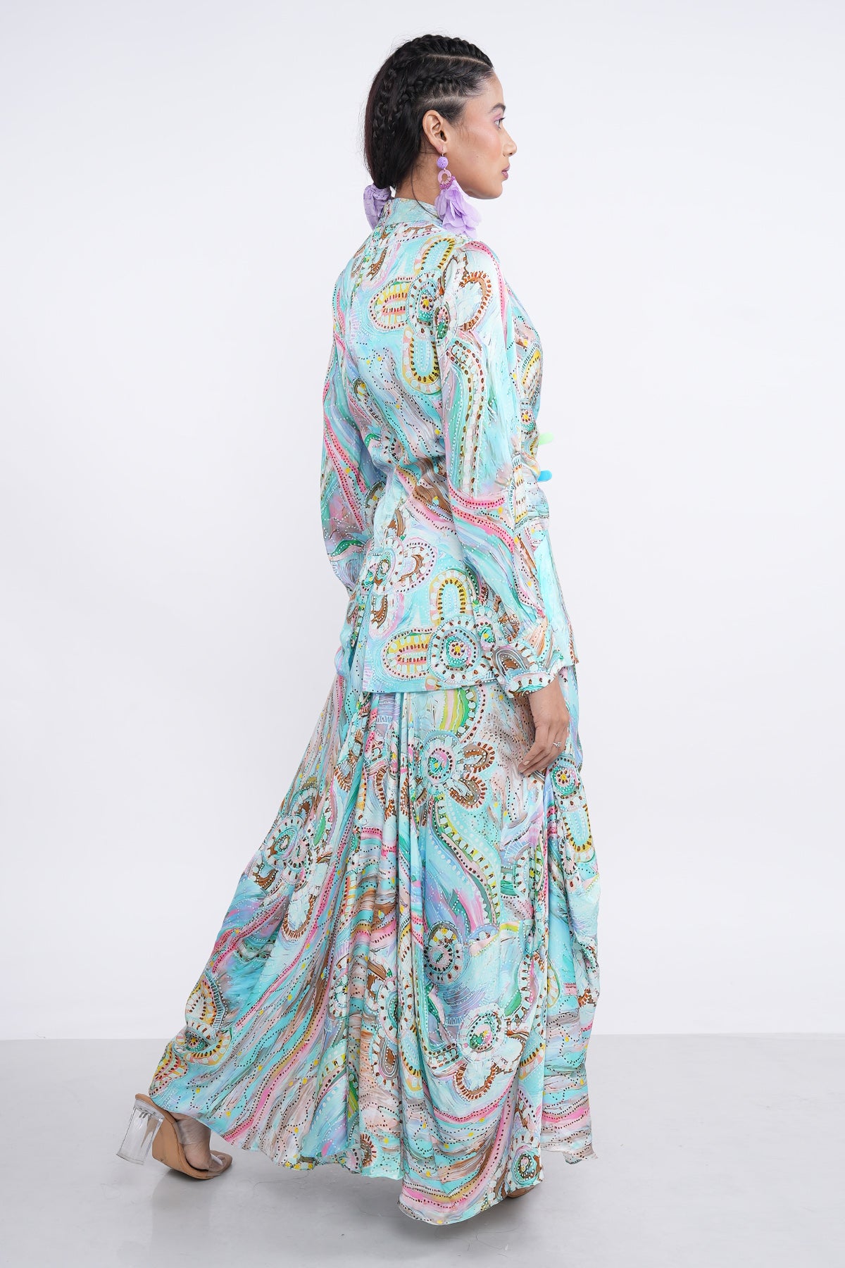 Blue Printed Top & Drape Skirt