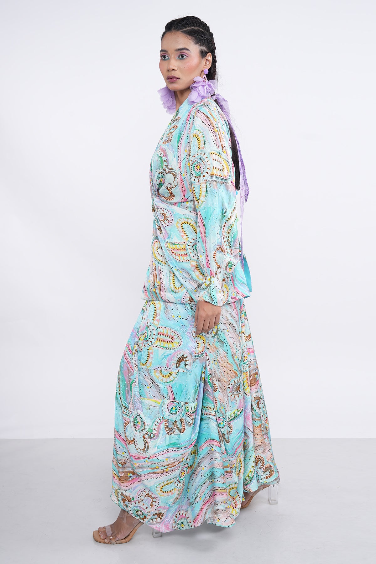 Blue Printed Top & Drape Skirt