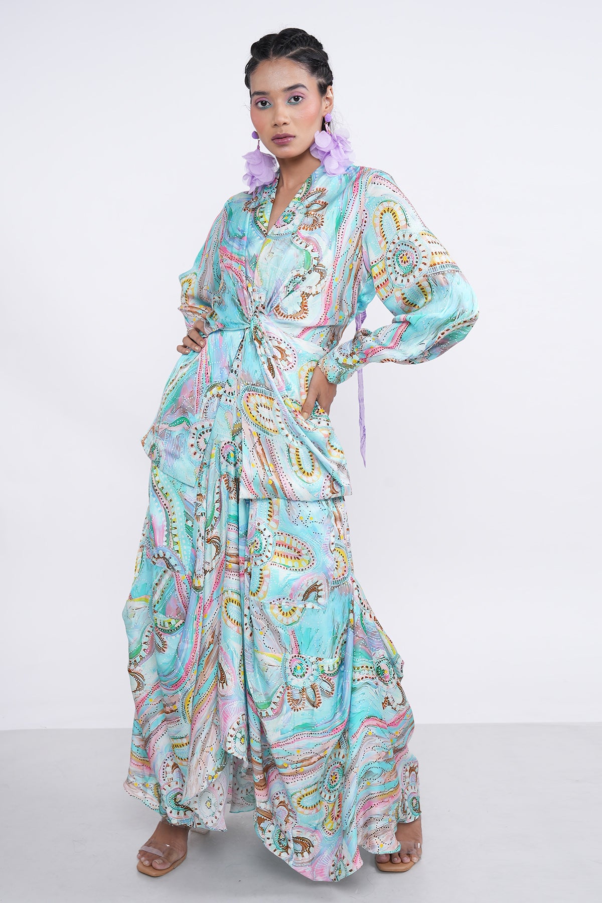 Blue Printed Top & Drape Skirt