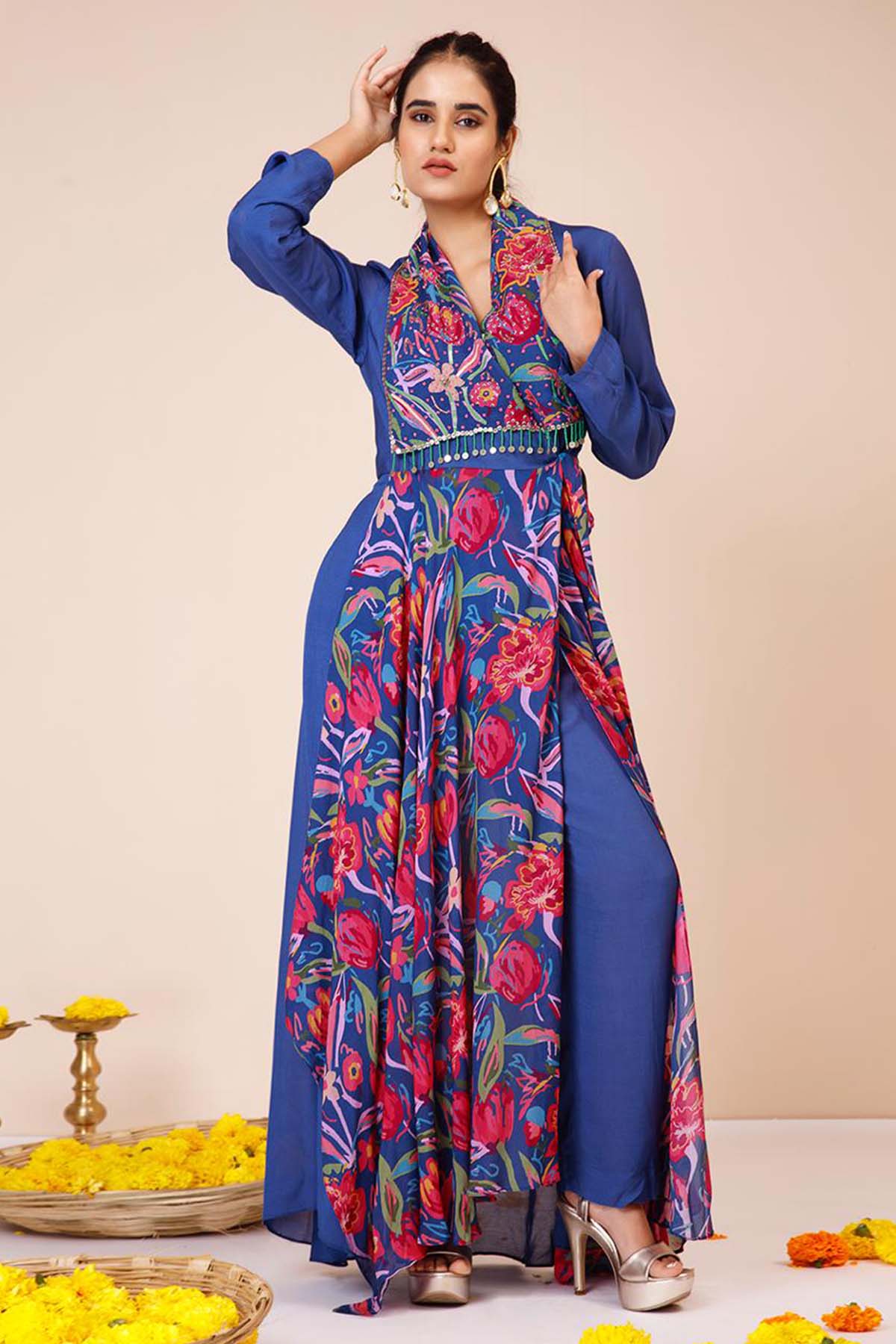 Buy Blue Printed Trench Coat & Pants by Niyami for women online at ScrollnShops