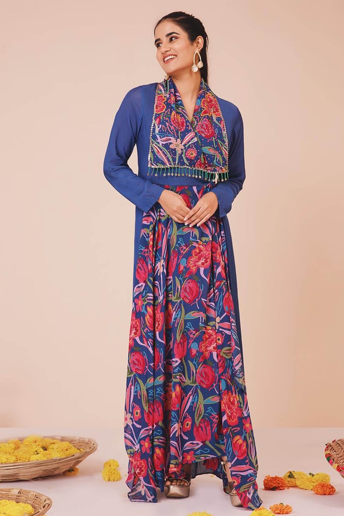 Blue Printed Trench Coat & Pants