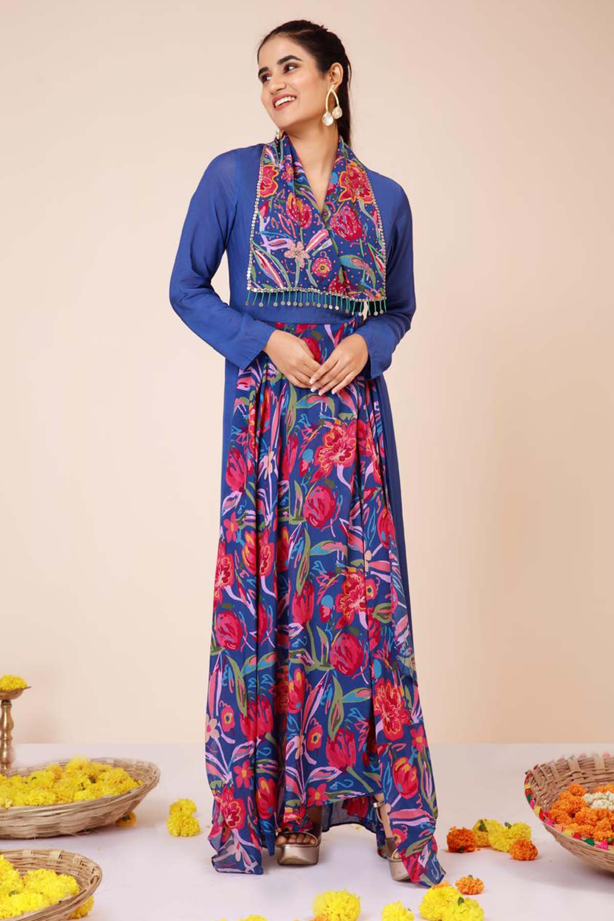 Blue Printed Trench Coat & Pants