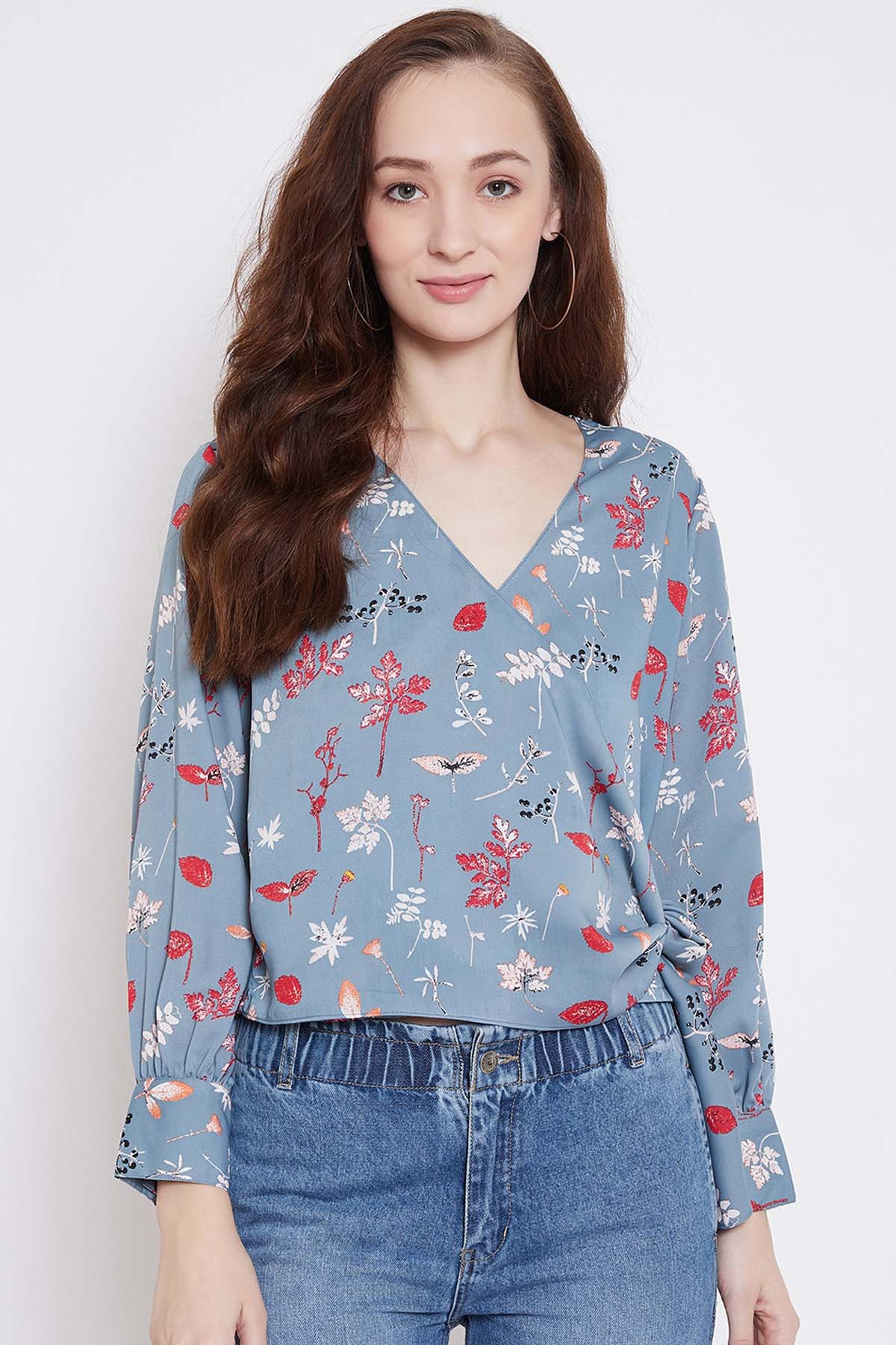 Buy Blue Printed Wrap Style Top Online