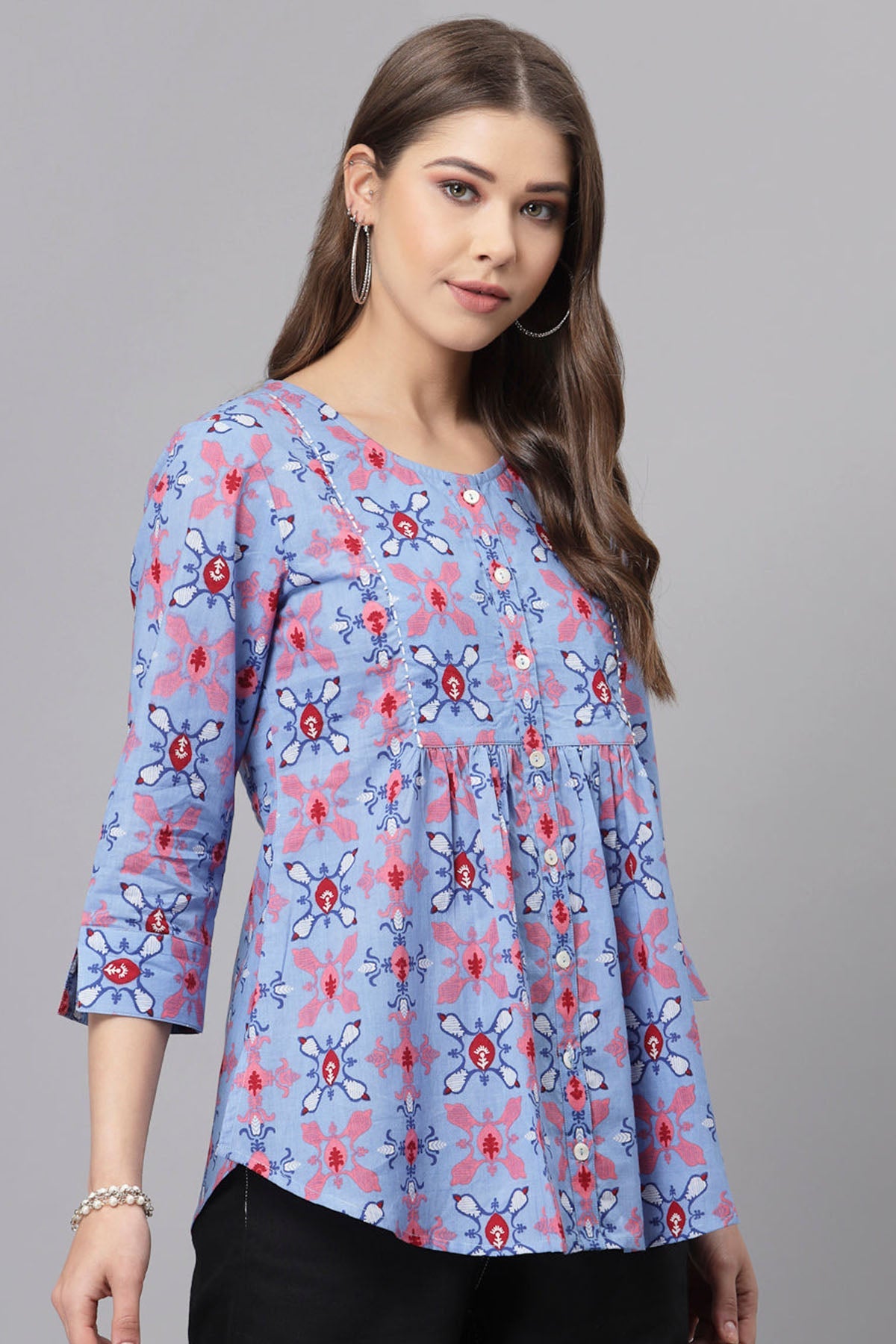 Buy Blue Pure Cotton Round Neck Top for Women by Qomn Designer online available at scrollnshops