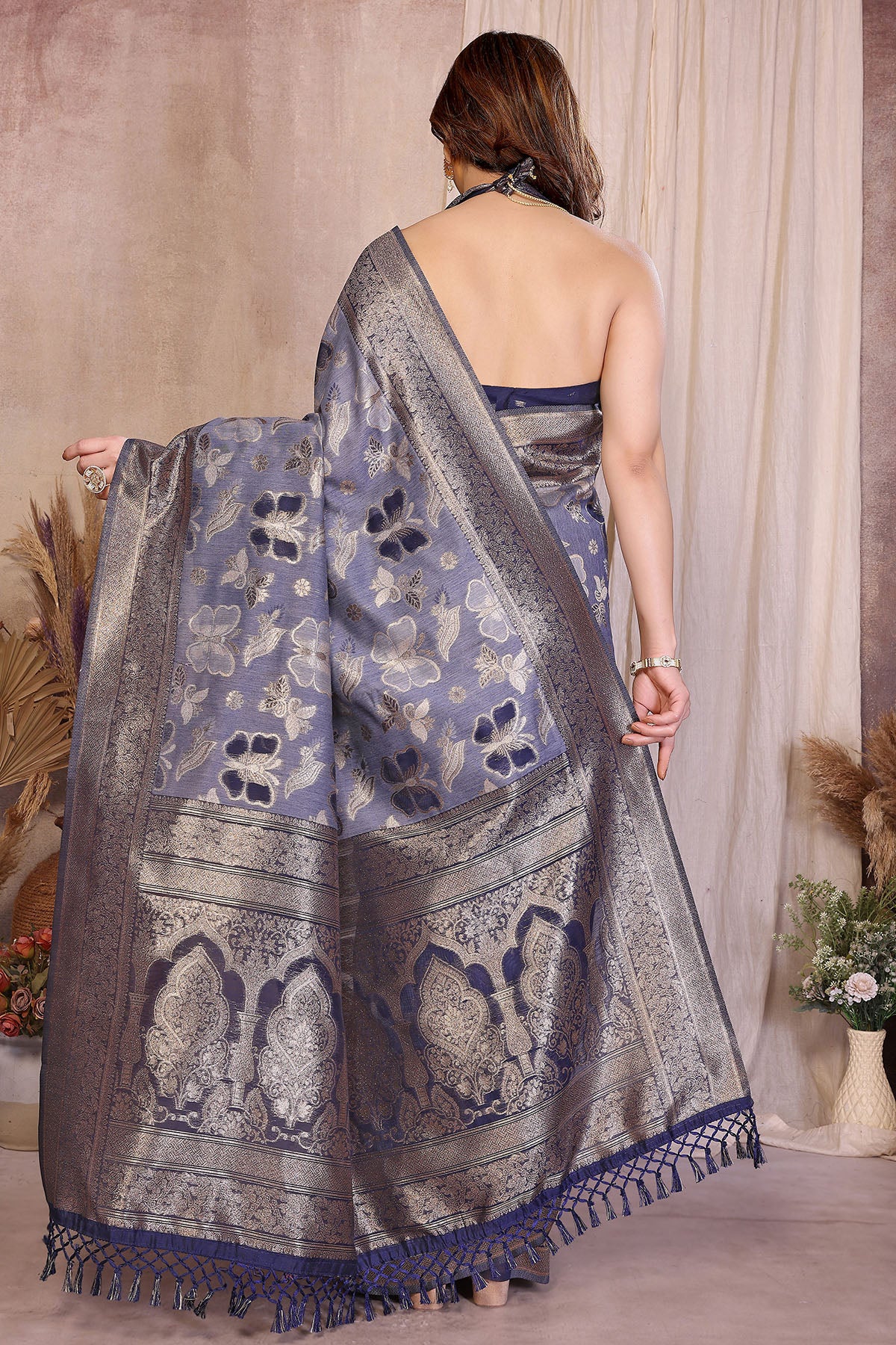 Blue Pure Cotton Tassel Saree