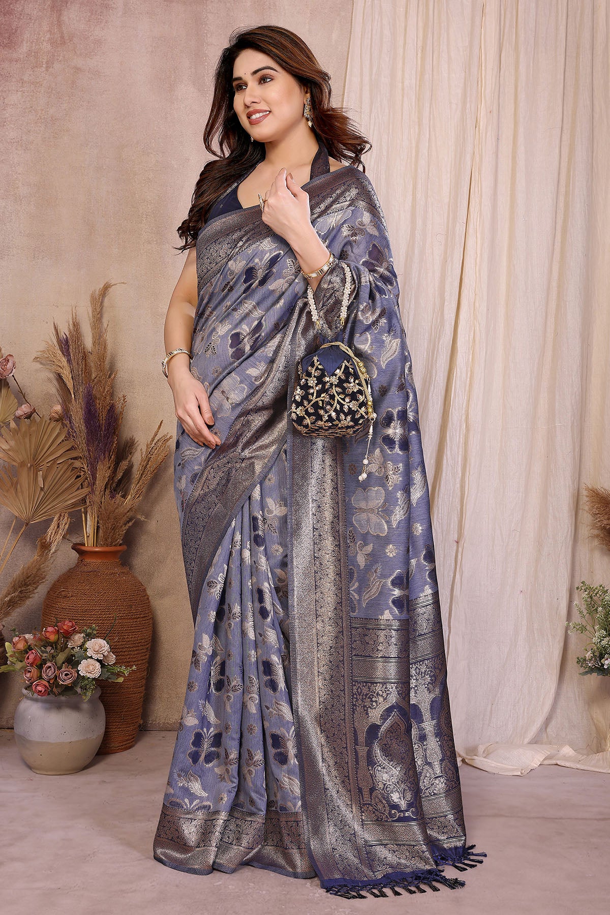 Blue Pure Cotton Tassel Saree