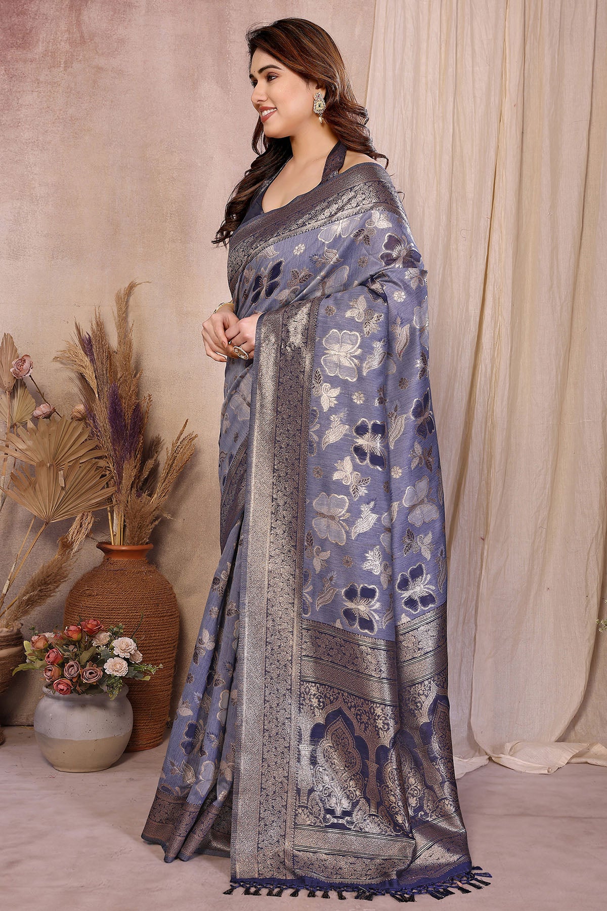 Blue Pure Cotton Tassel Saree